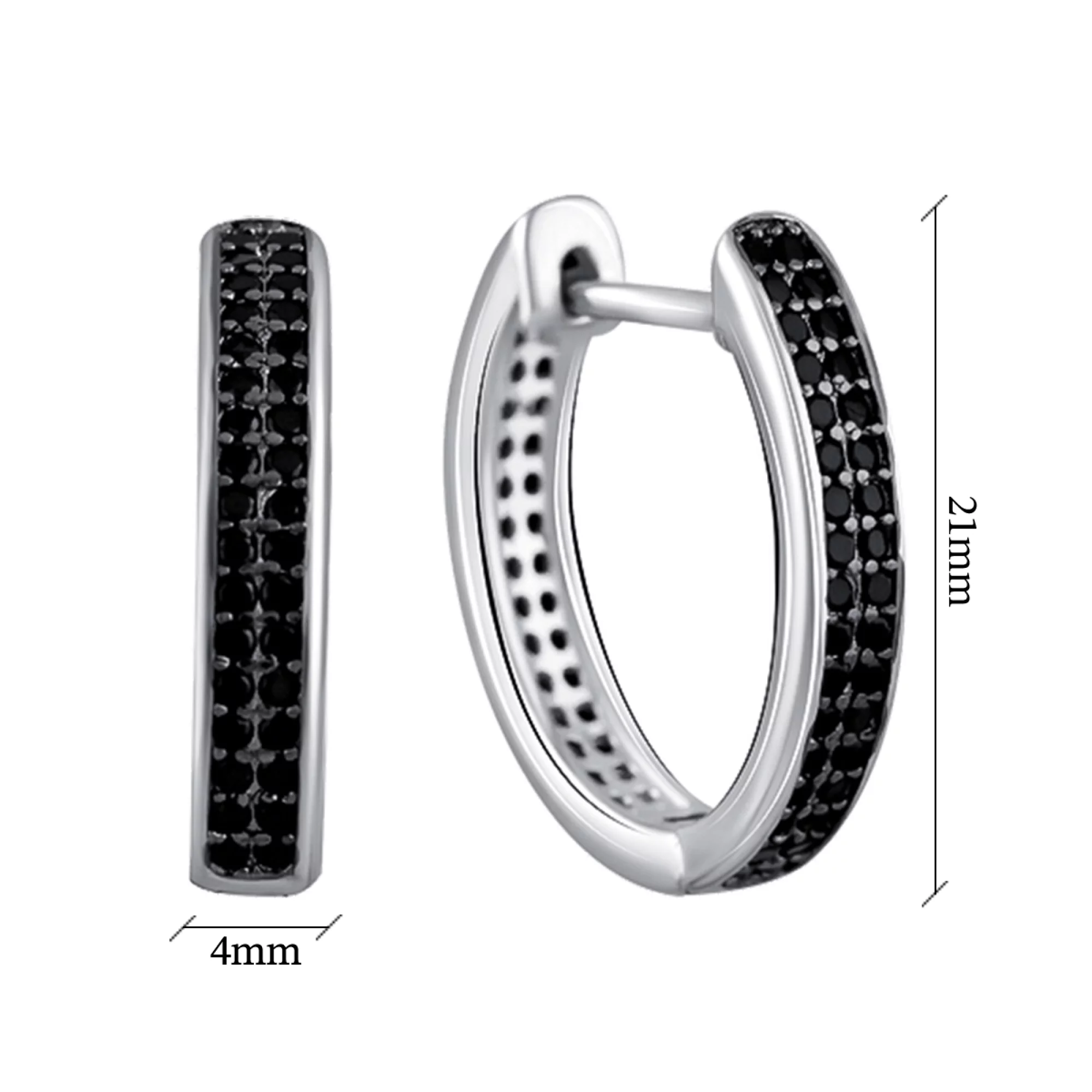 Сережки-кільця срібні з чорними фіанітами - 1483997 – зображення 2