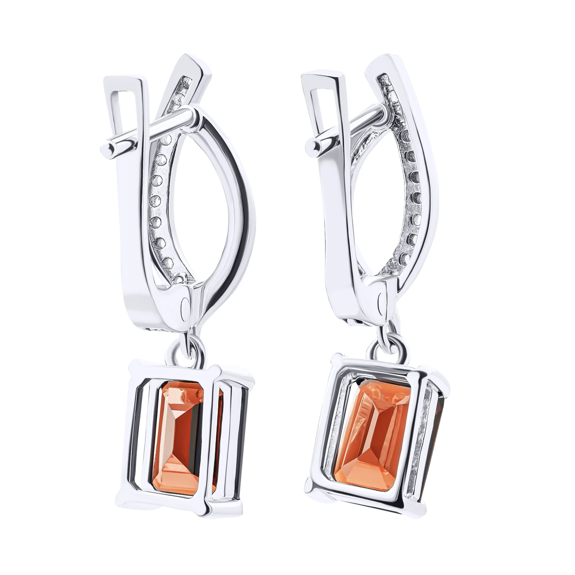 Серьги из серебра с подвесным гранатом и дорожкой фианитов - 1524830 - 2