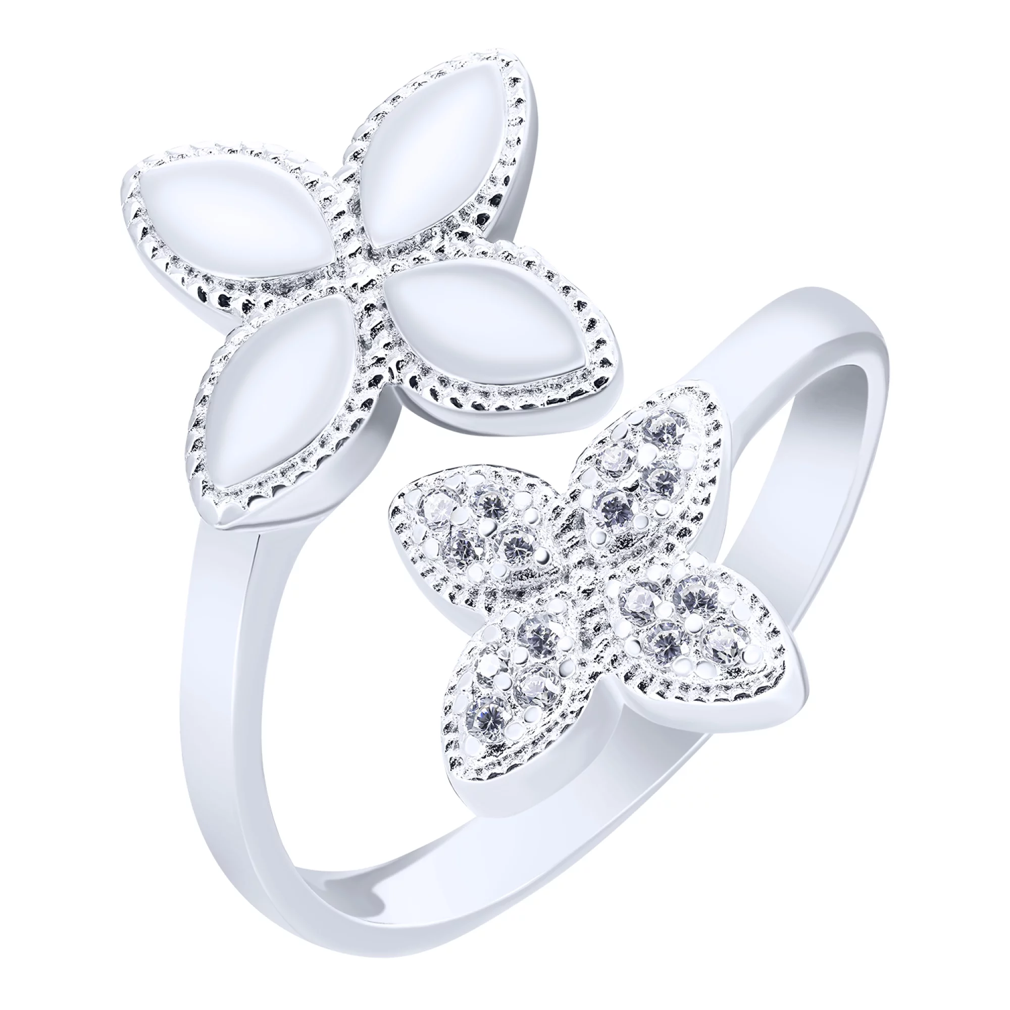 Серебряное незамкнутое кольцо "Цветы" с фианитами - 1742853 – изображение 1