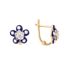 Детские серьги в красном золоте с эмалью и фианитами "Цветочек" - 679324