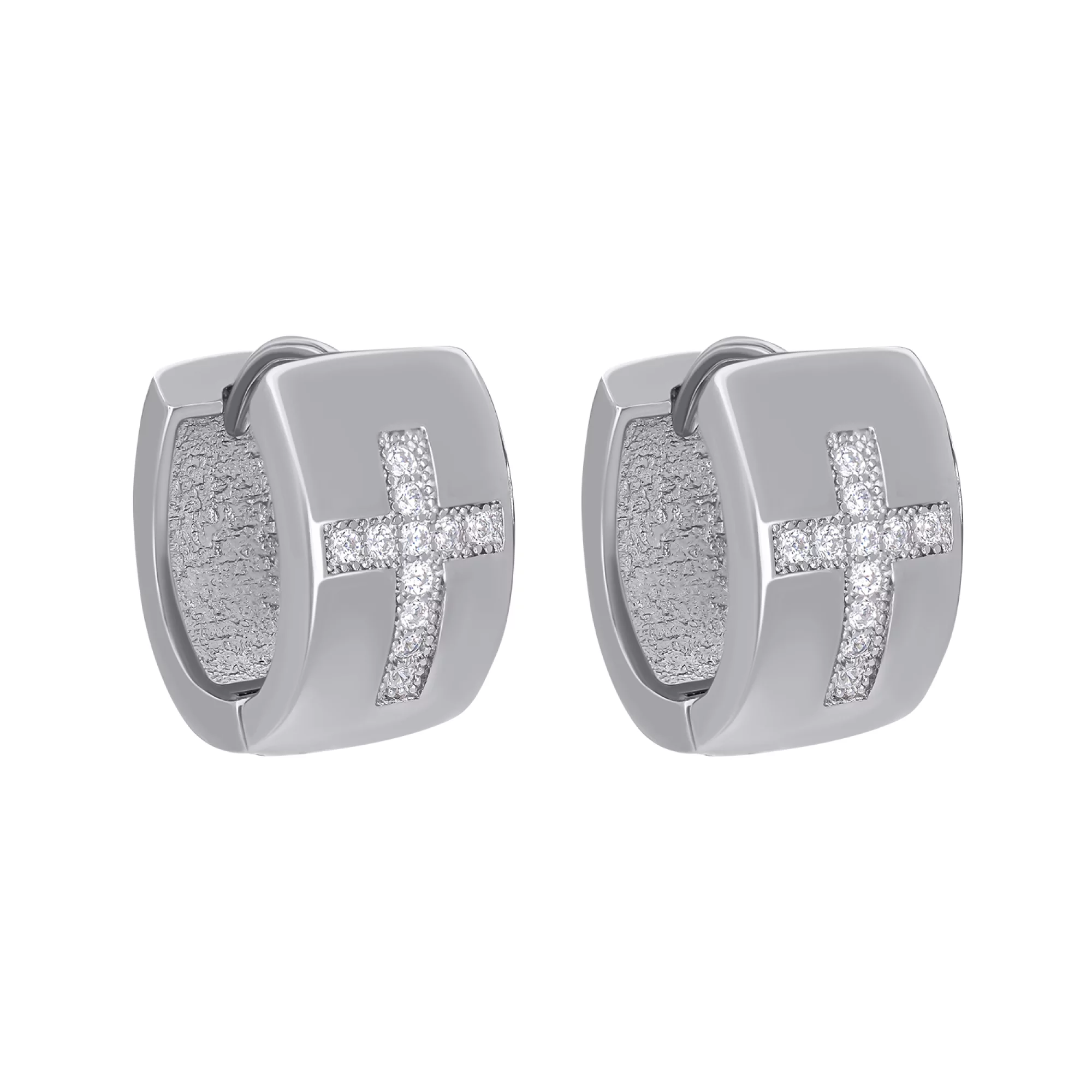 Сережки-кольца серебряные с фианитами "Крестики" - 1483513 – изображение 3