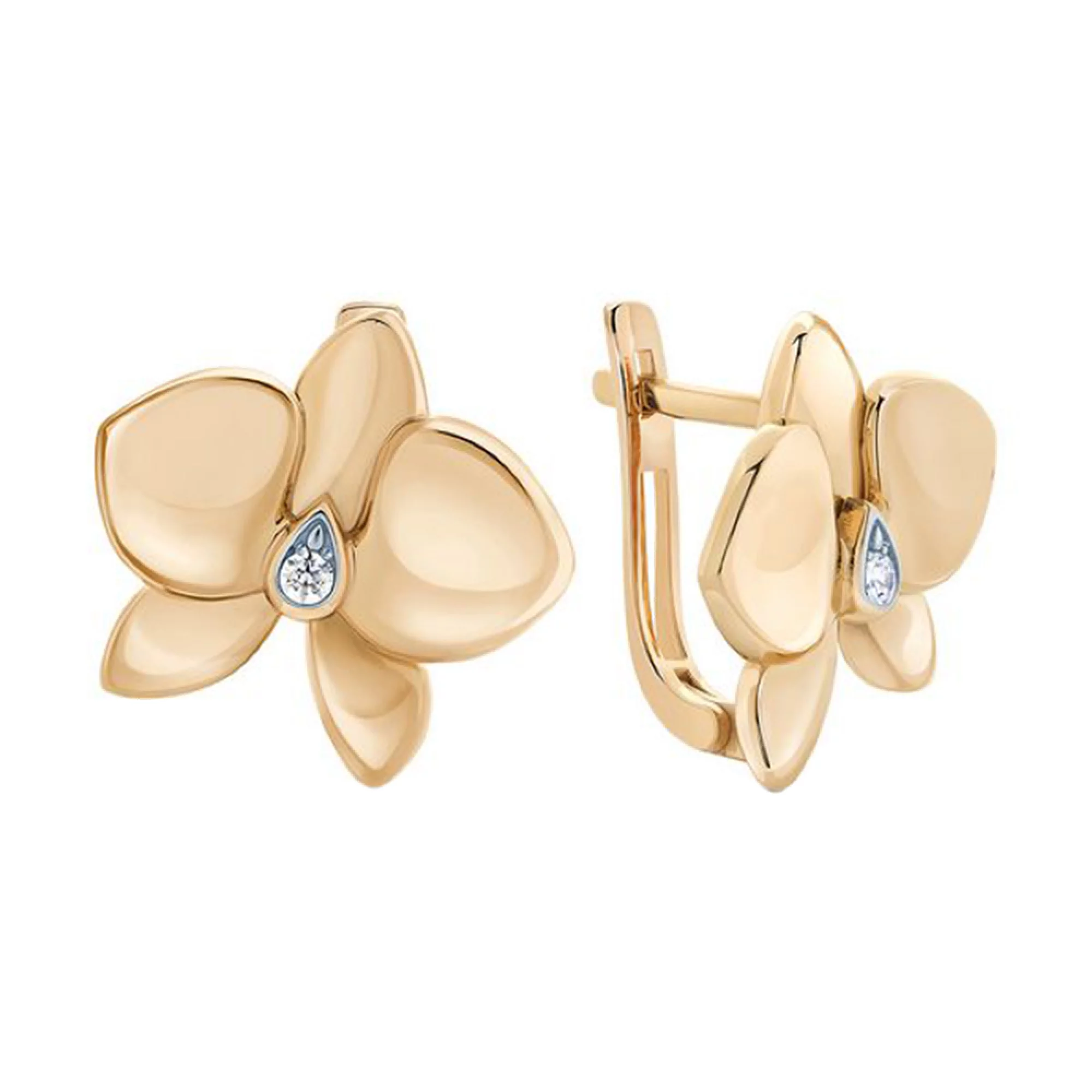 Золотые сережки с фианитами "Орхидея" - 406834 – изображение 1