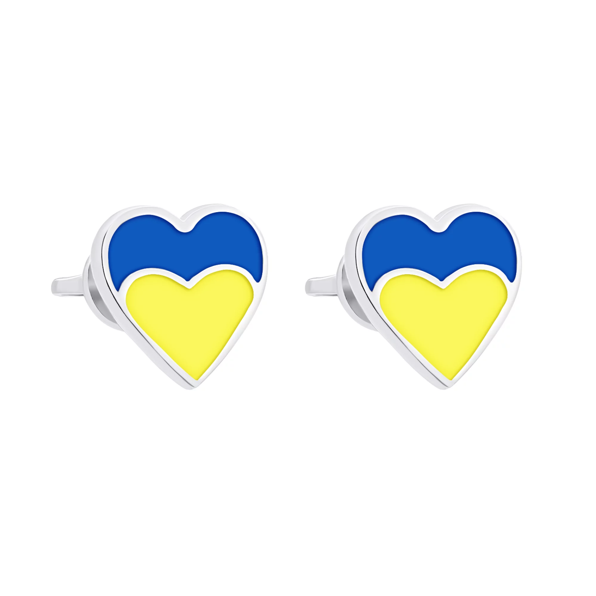 Серебряные серьги-гвоздики с синей и желтой эмалью "Украина в Сердце" - 1548869 – изображение 1