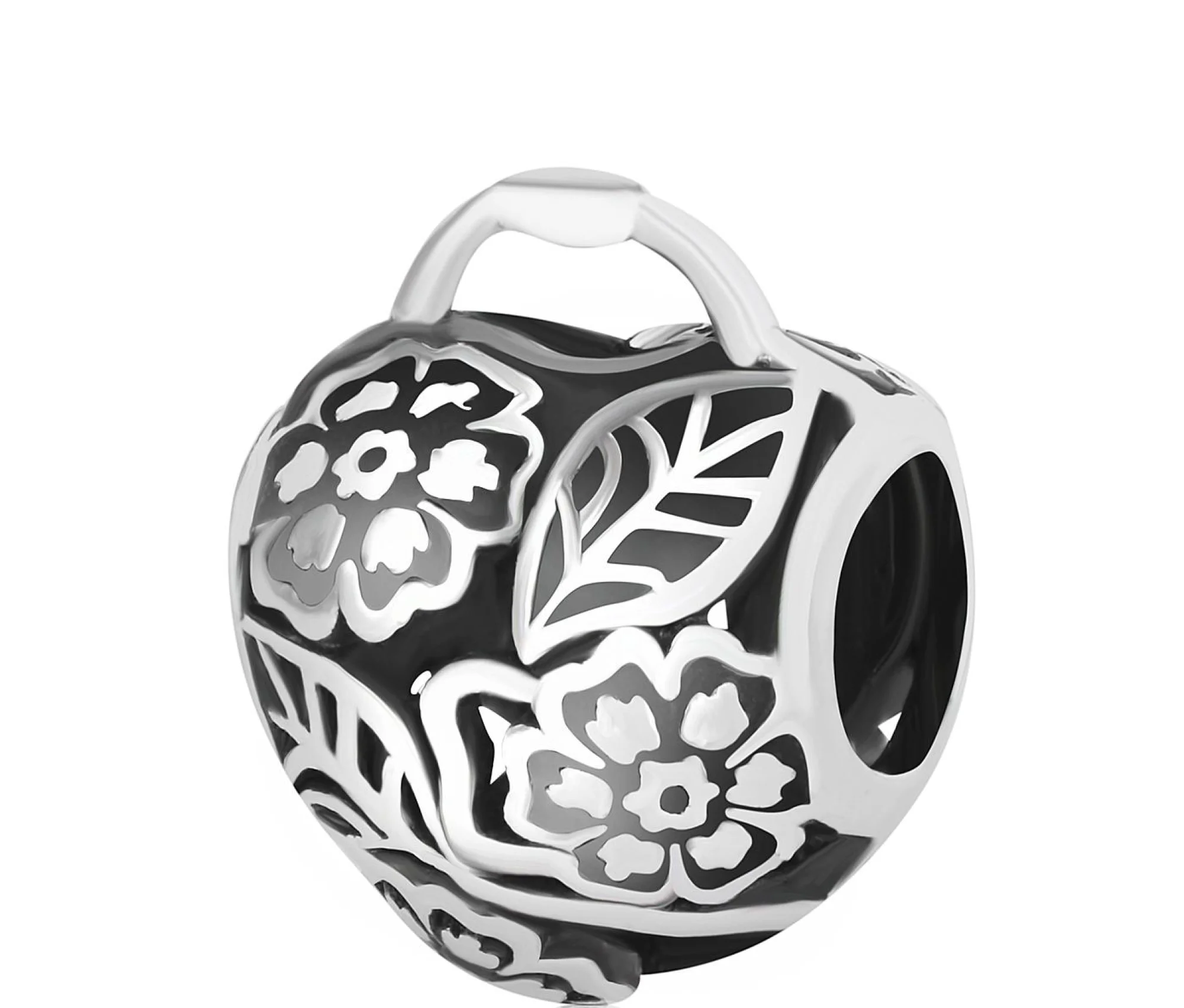 Серебряный шарм в виде сердца с фианитом "Цветы" - 421886 - 1