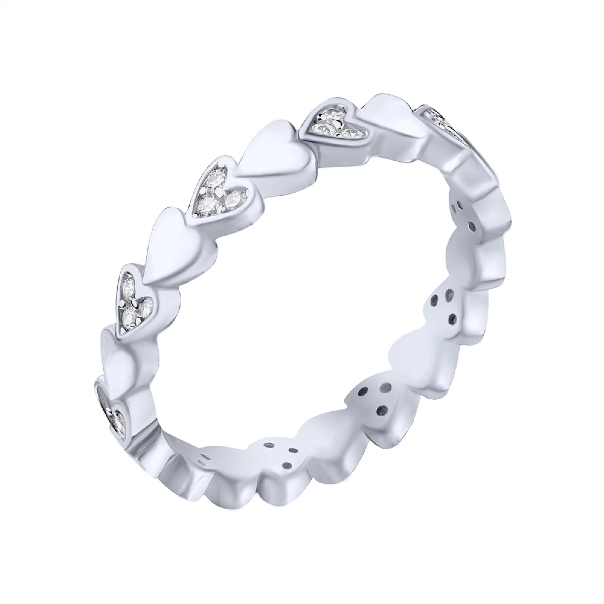 Серебряное кольцо с сердечками и фианитами - 1618172 – изображение 1