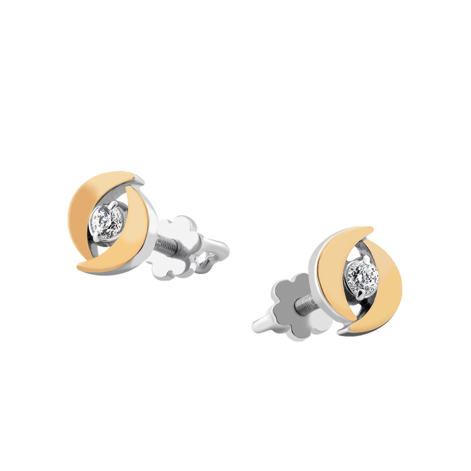 Сережки-гвоздики из серебра с позолотой и фианитом - 970516 – изображение 1