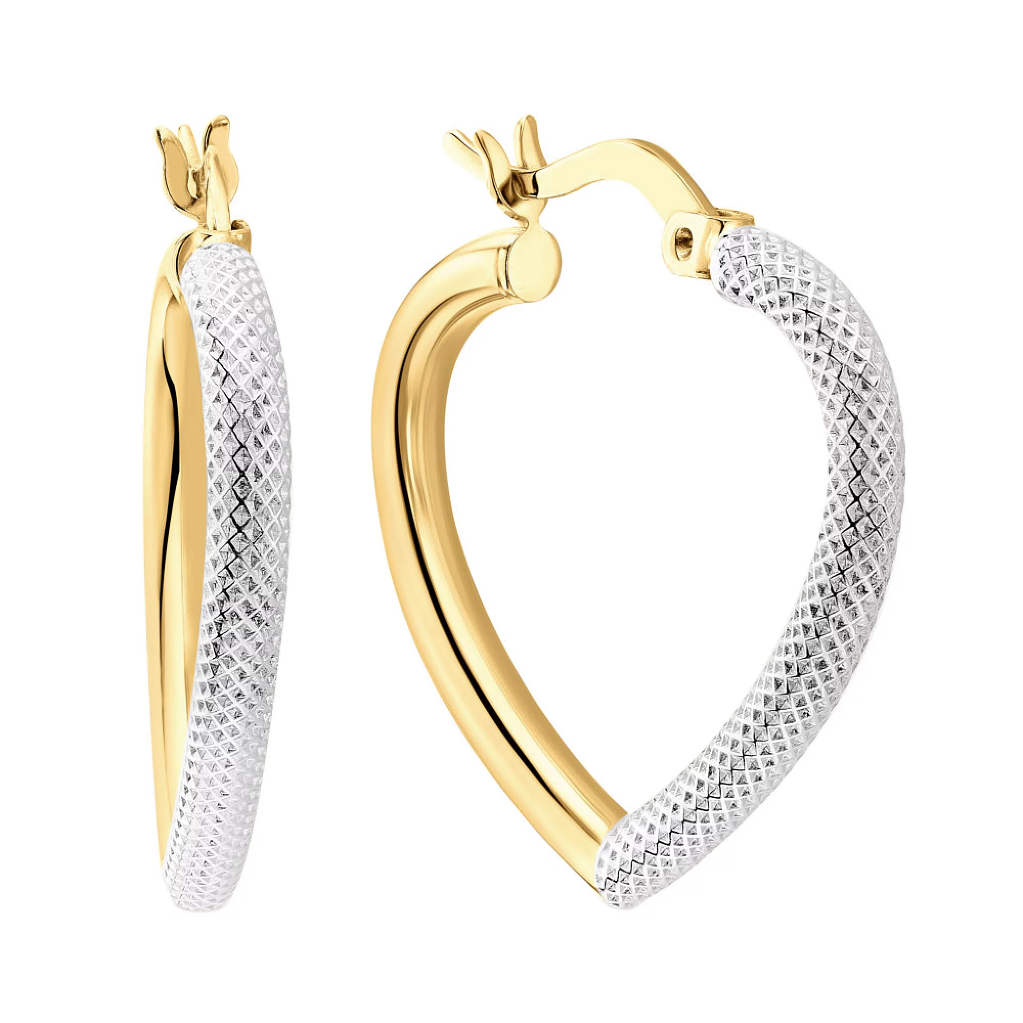 Сережки-кільця в жовтому та білому золоті з алмазною гранню у формі серця - 1563281 – зображення 1