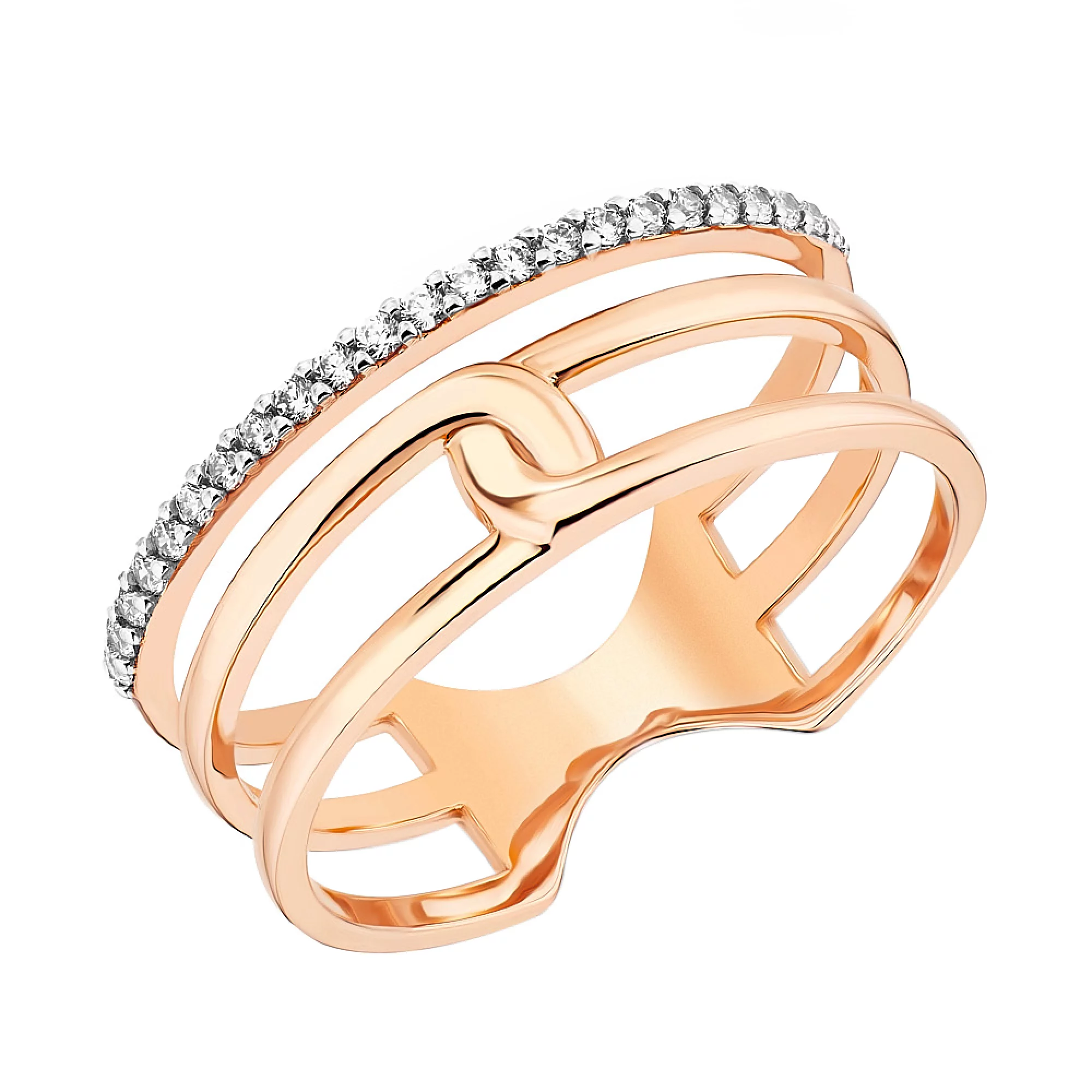 Тройное кольцо с дорожкой фианита из красного золота - 1451138 – изображение 1