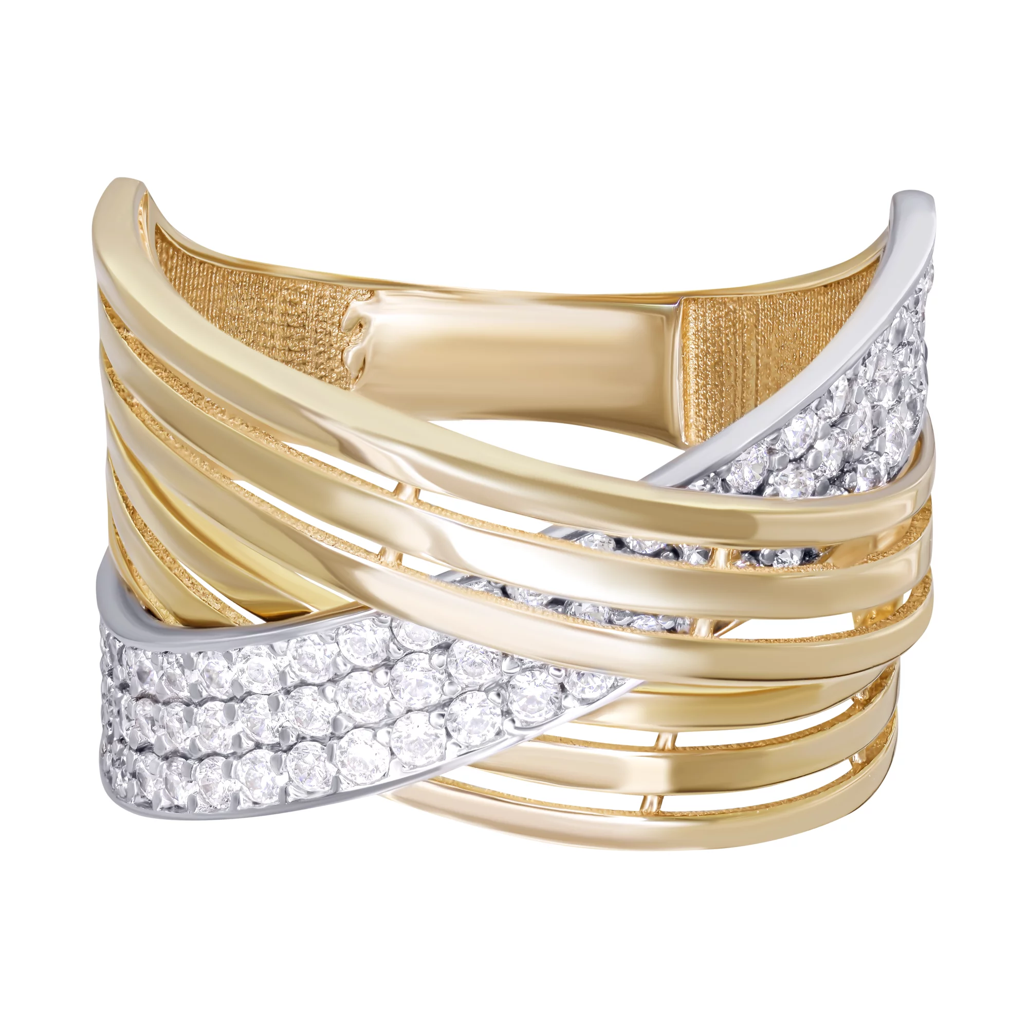 Золотое кольцо с комбинированного золота с фианитами - 538723 – изображение 2