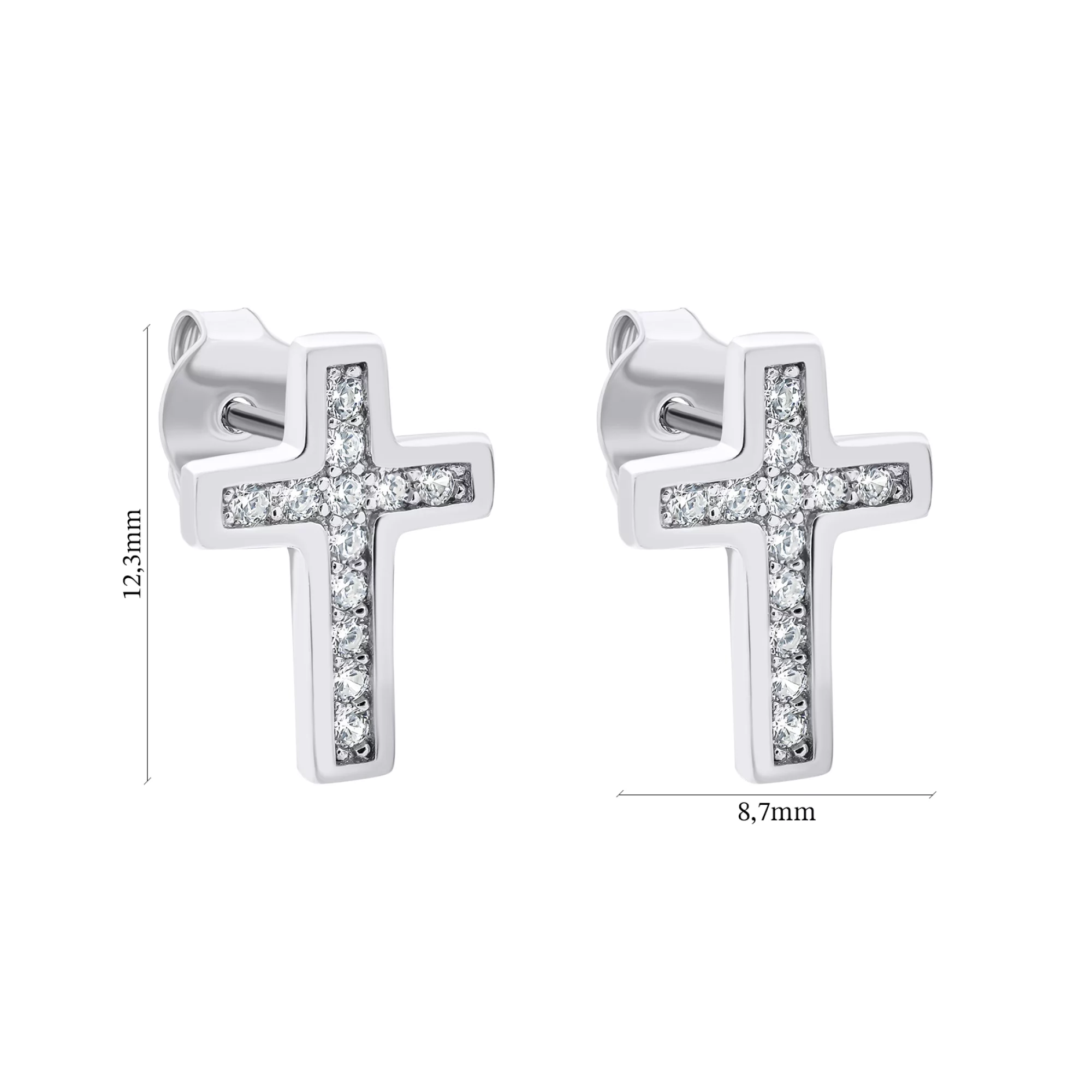 Сережки-гвоздики хрестики зі срібла з фіанітами  - 1521645 – зображення 3