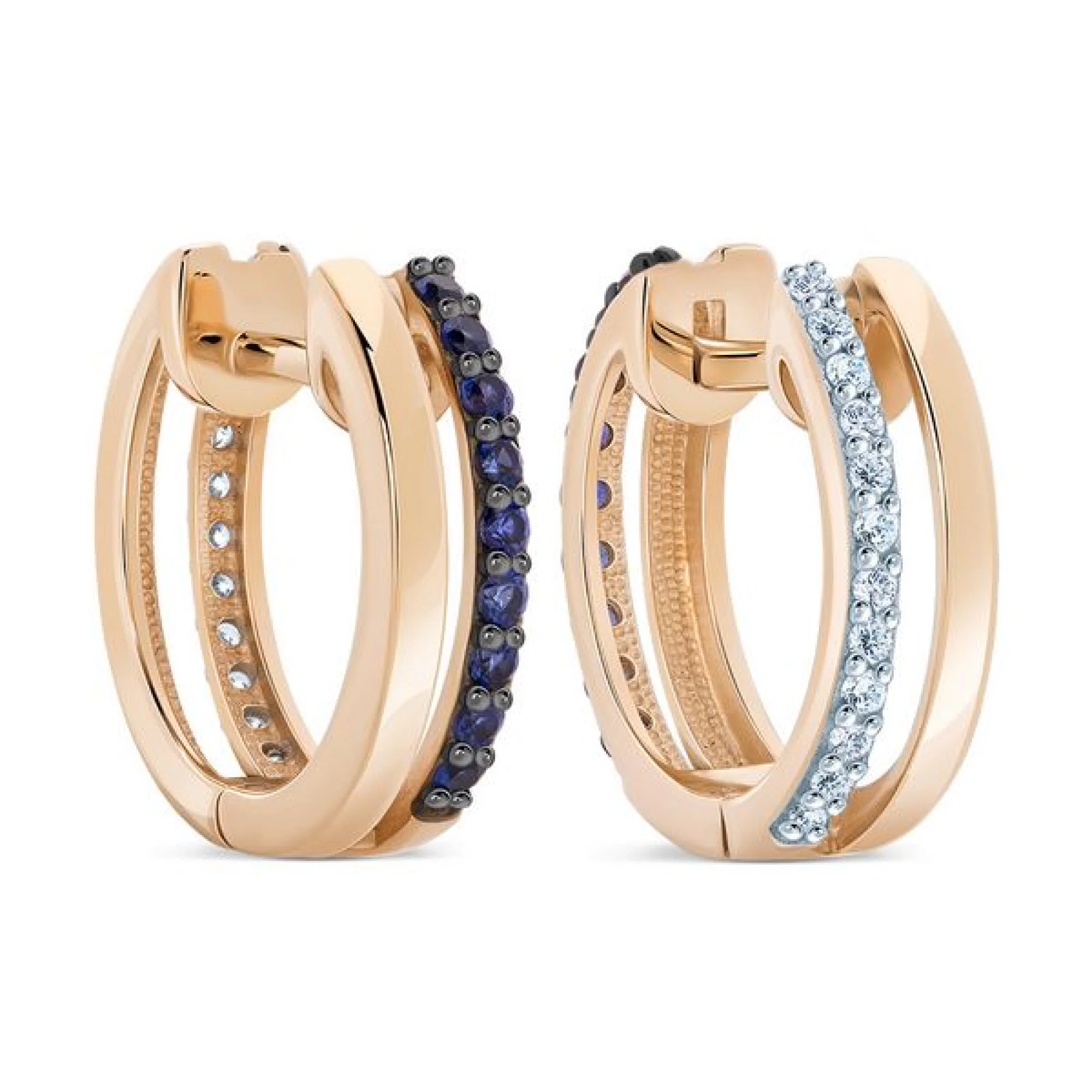 Золотые серьги-кольцо с сапфиром и фианитом - 406731 – изображение 1
