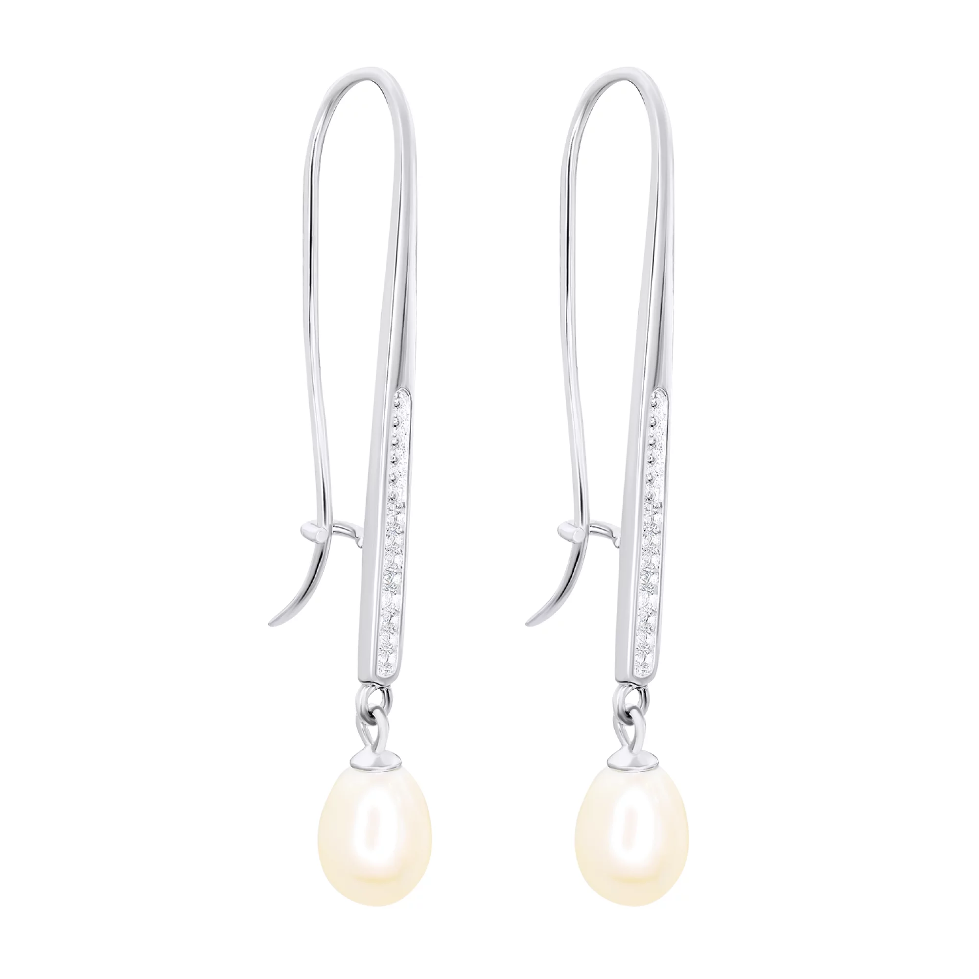 Срібні сережки з підвіскою перлами та фіанітами - 1535277 – зображення 1
