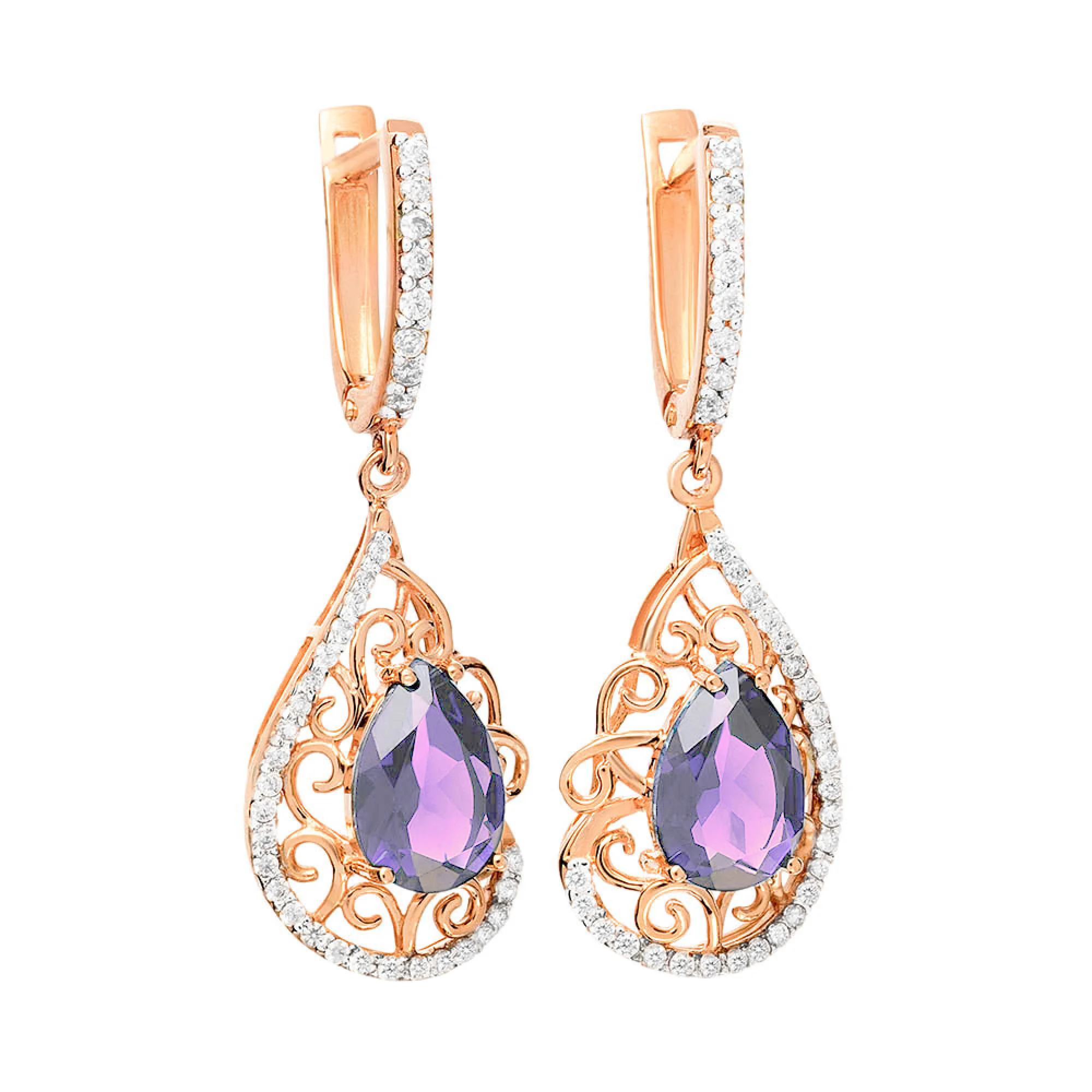 Сережки из красного золота с фианитами и аметистом - 959568 - 1