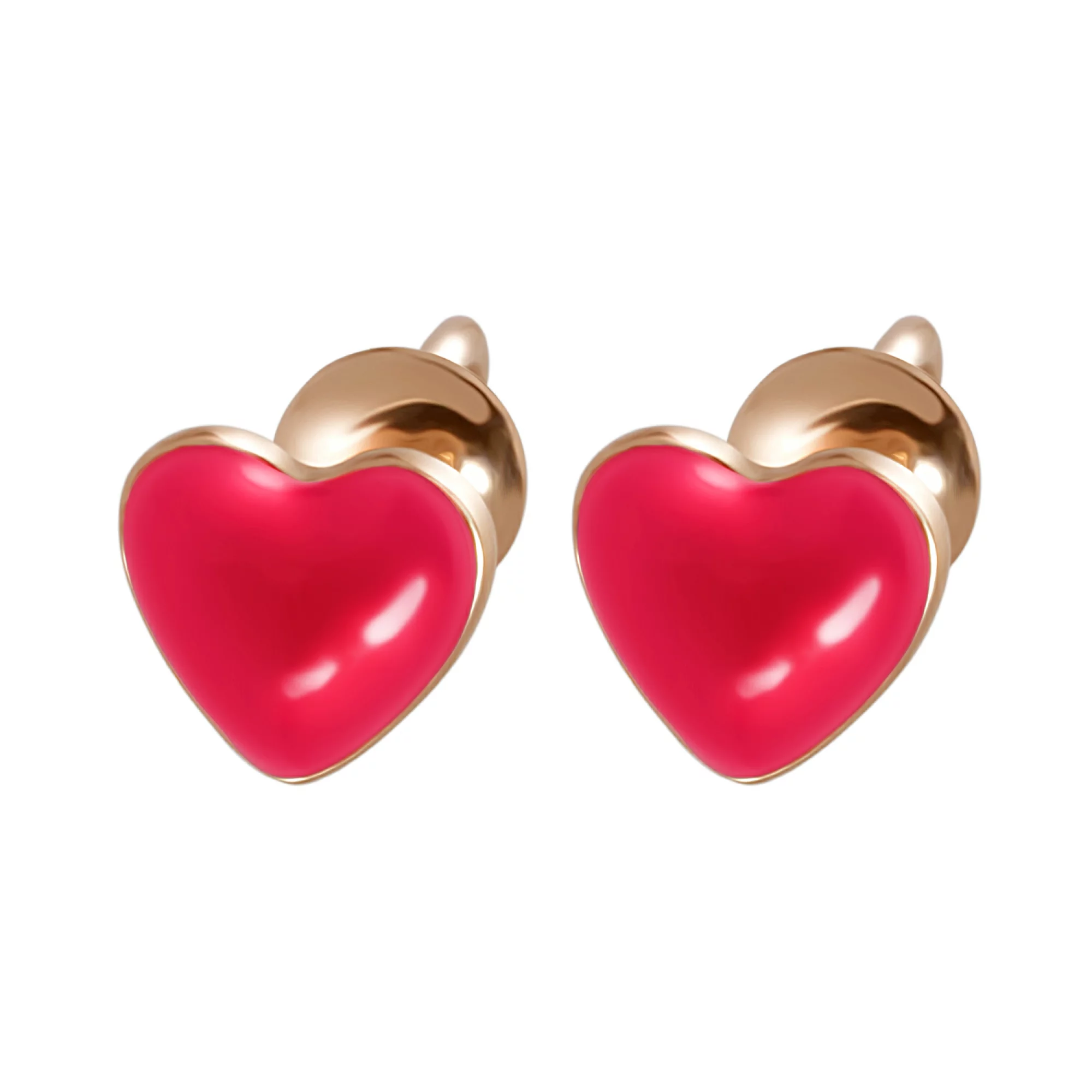 Сережки-гвоздики из красного золота с эмалью "Сердечки" - 972762 – изображение 1