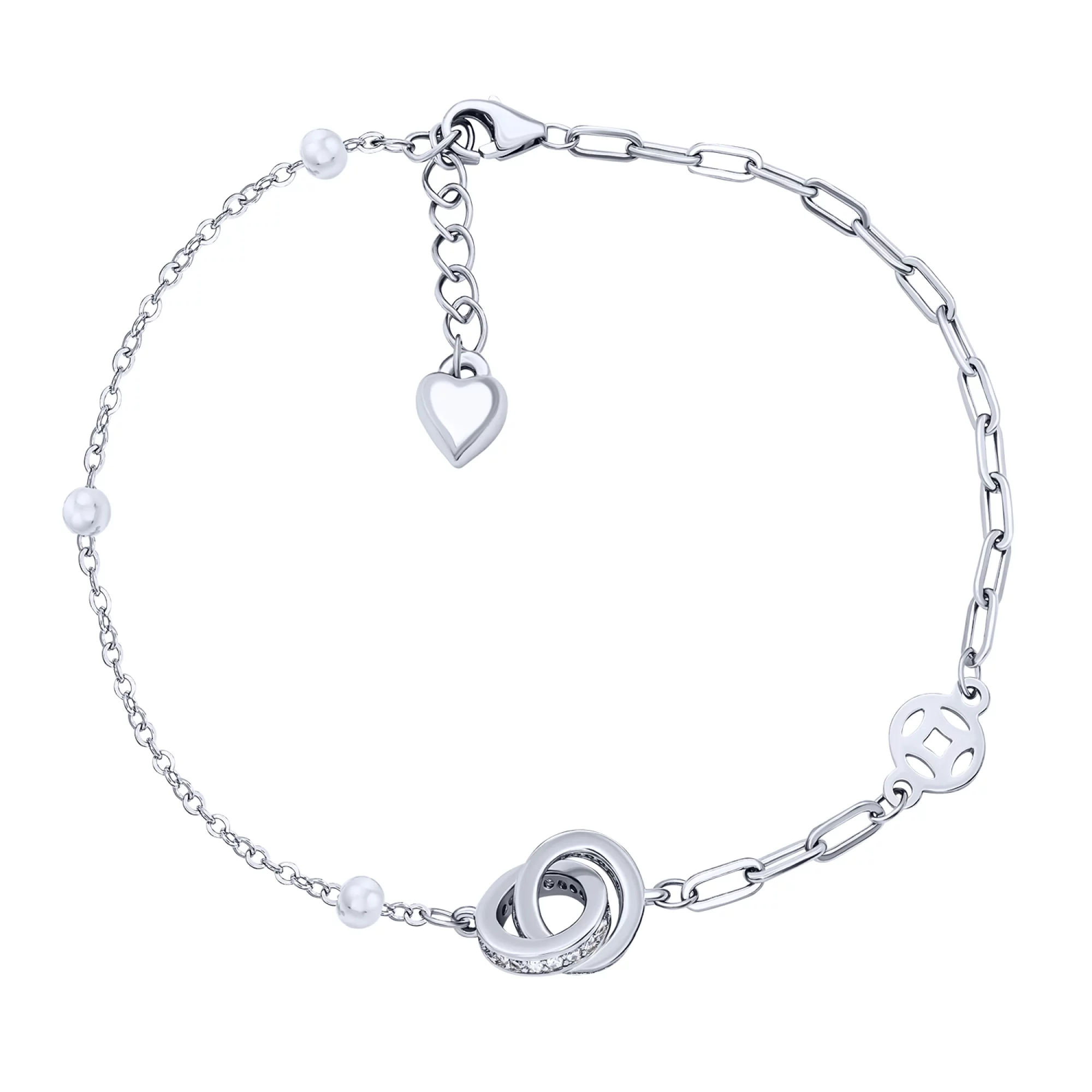 Срібний браслет "Кільця" з доріжкою фіанітів плетіння якір - 1644895 – зображення 1