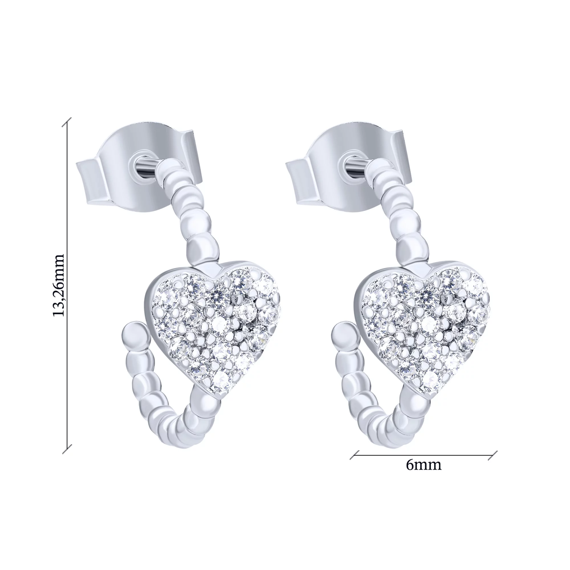 Срібні сережки-гвоздики "Серце" з фіанітами - 1572603 – зображення 3