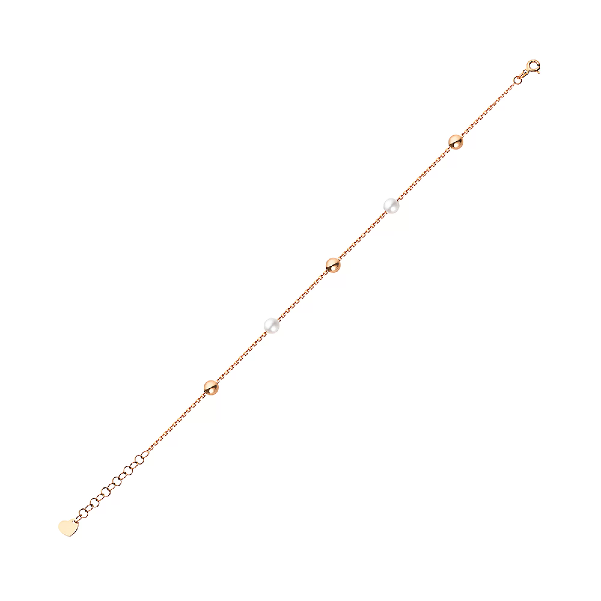 Золотой браслет в красном цвете "Шарики" с жемчугом плетение якорное - 1531715 – изображение 1