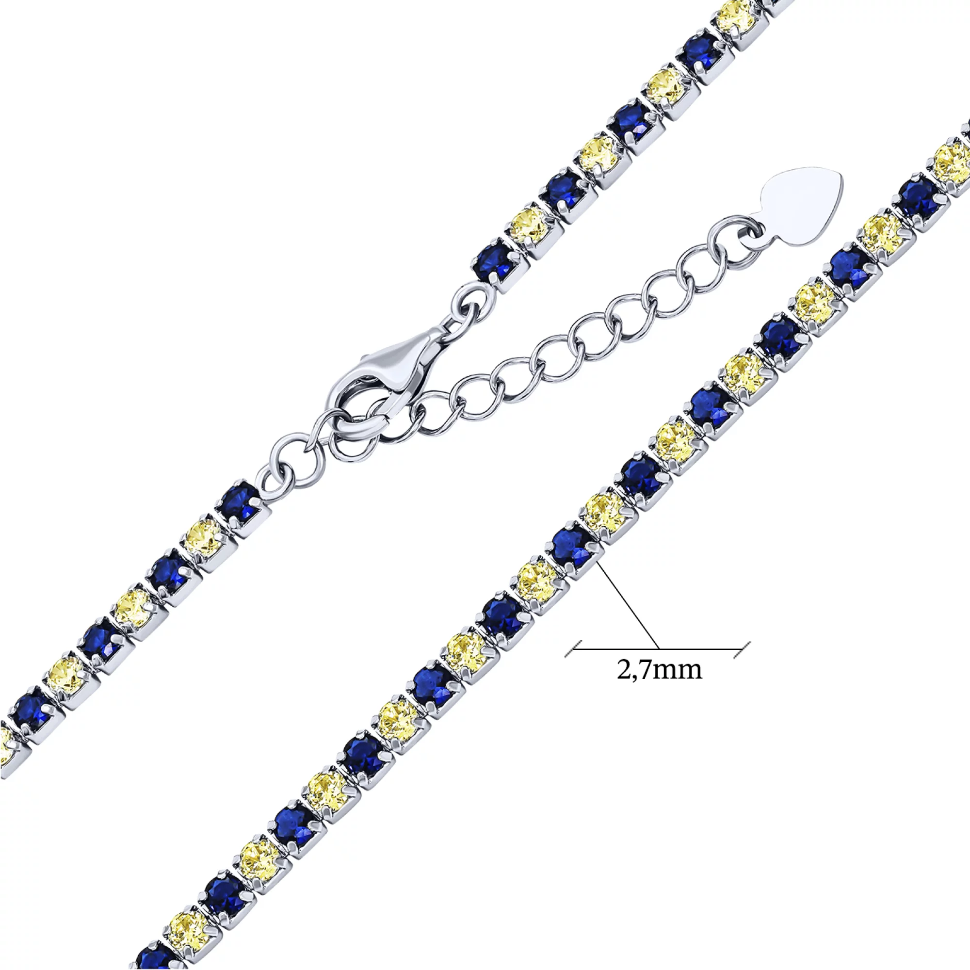 Тенісний срібний браслет із синіми та жовтими фіанітами - 1644543 – зображення 3