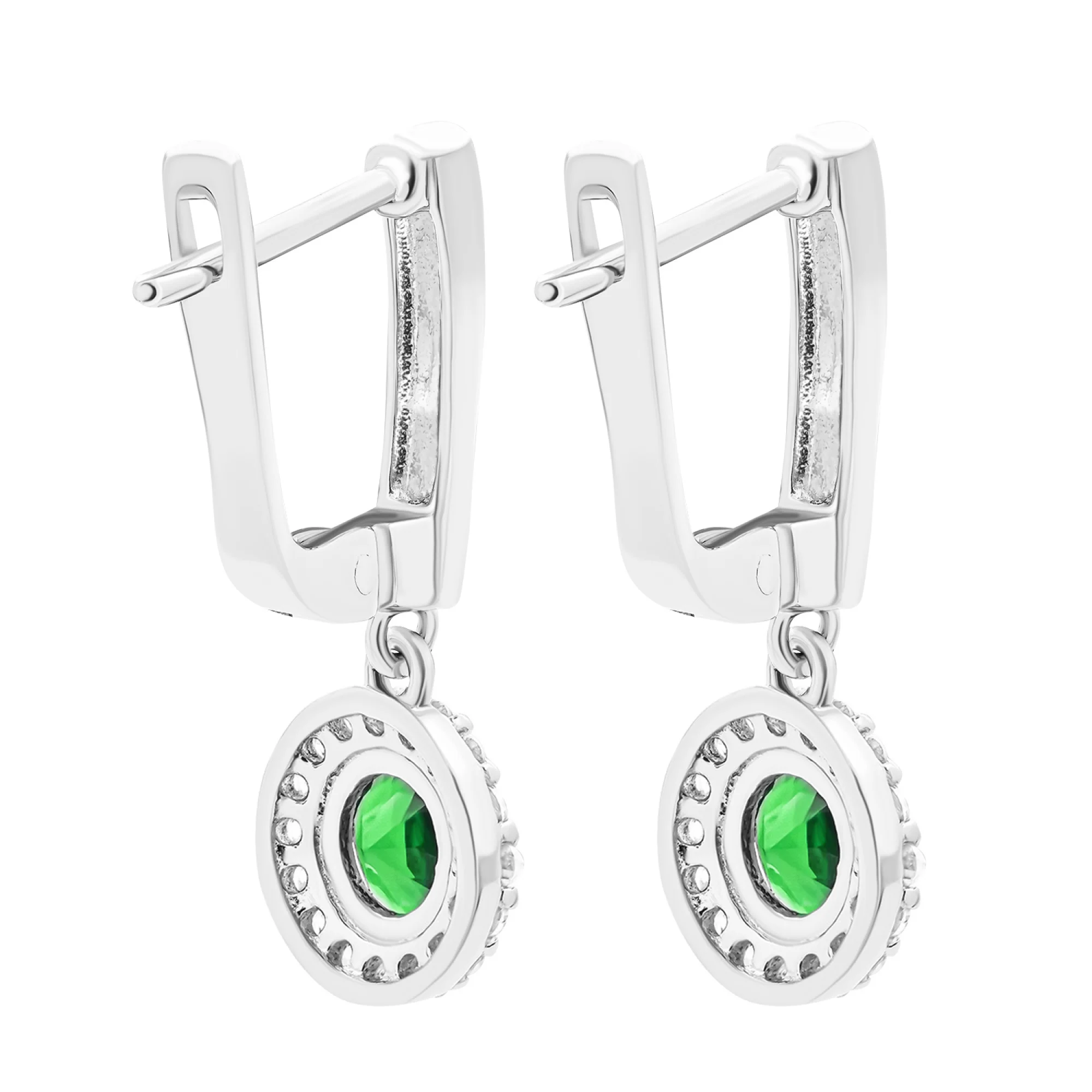 Серебряные серьги с подвесами изумрудом и фианитами - 1544809 - 2