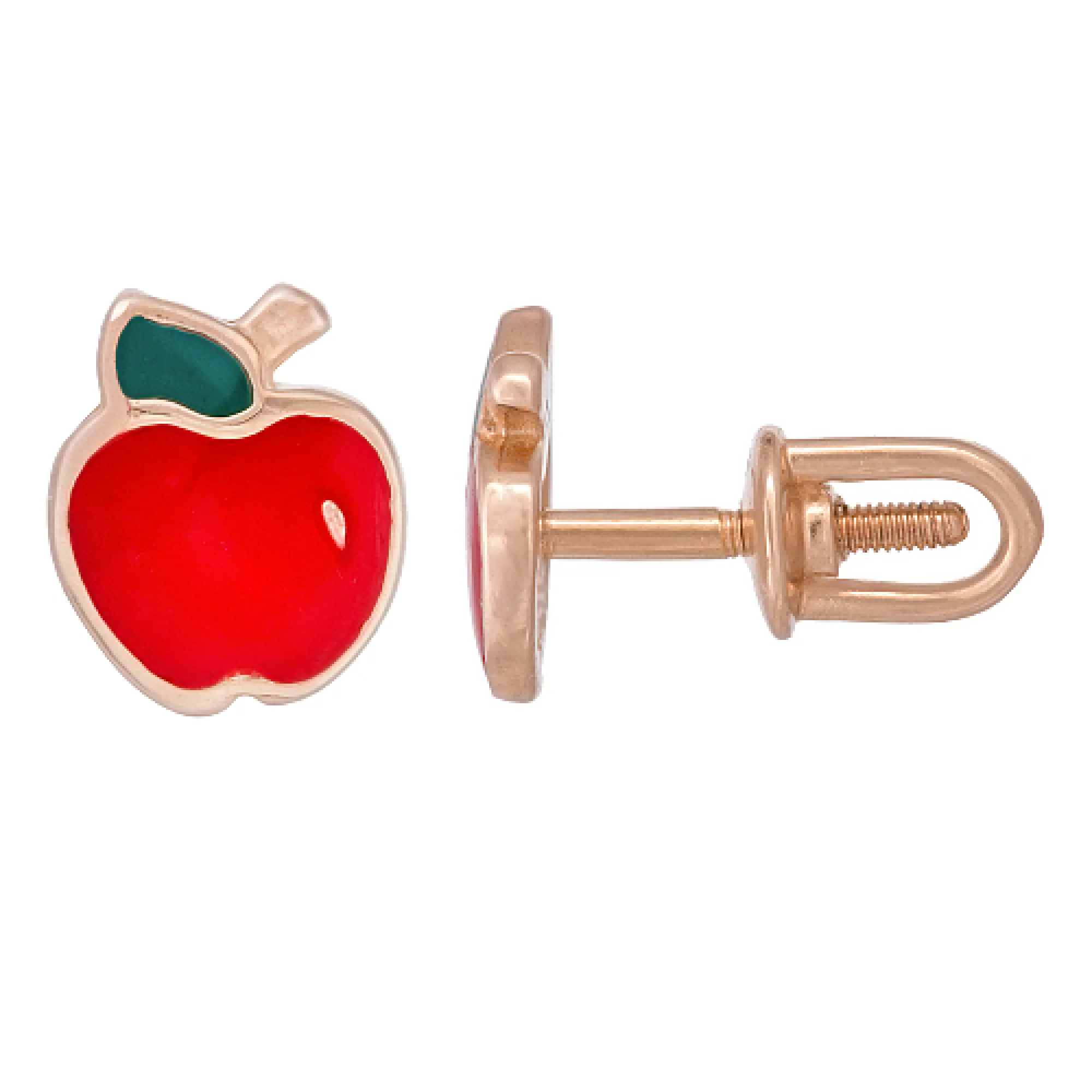 Сережки-гвоздики Яблуко з червоного золота з емаллю - 970905 – зображення 1