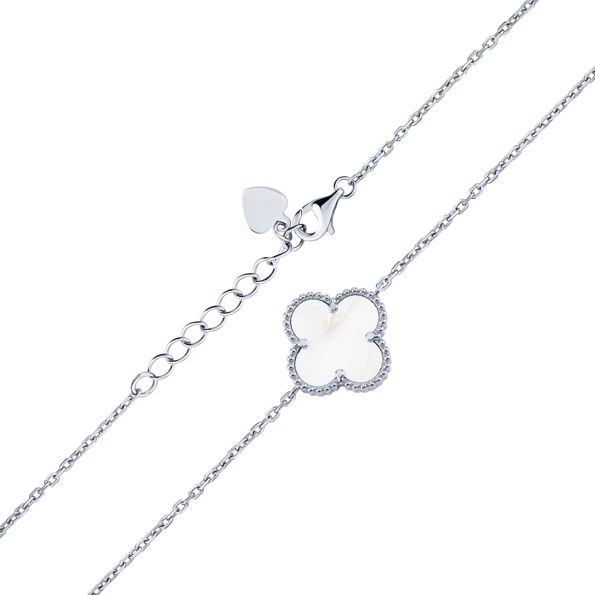 Серебряный браслет "Клевер" с перламутром плетение якорь - 2193397 - 2