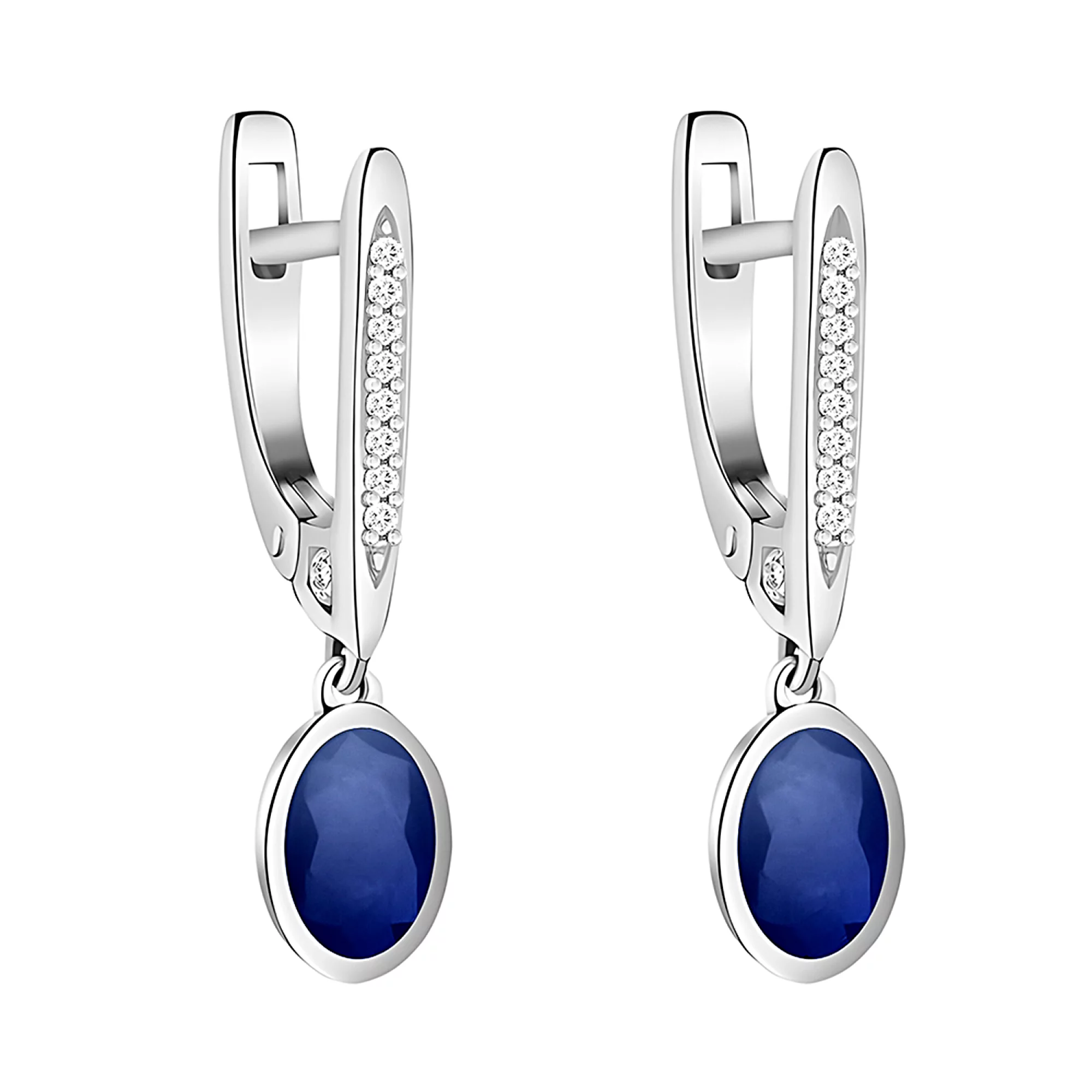 Серебряные серьги с подвеской сапфиром и фианитами - 1515078 - 1