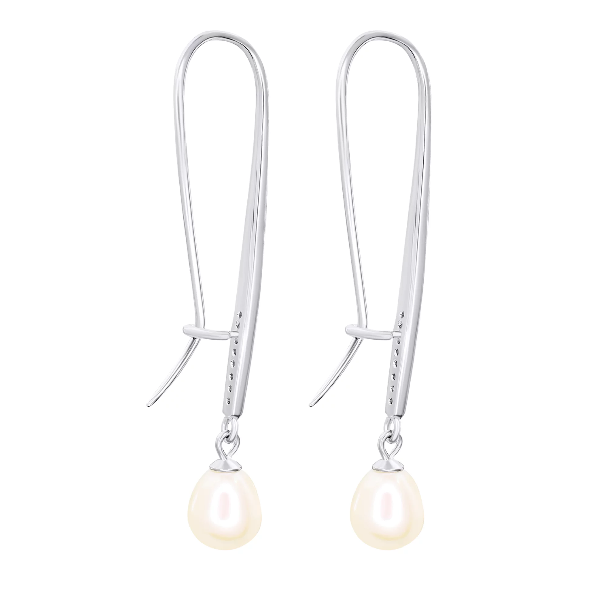 Срібні сережки з підвіскою перлами та фіанітами - 1535277 – зображення 2