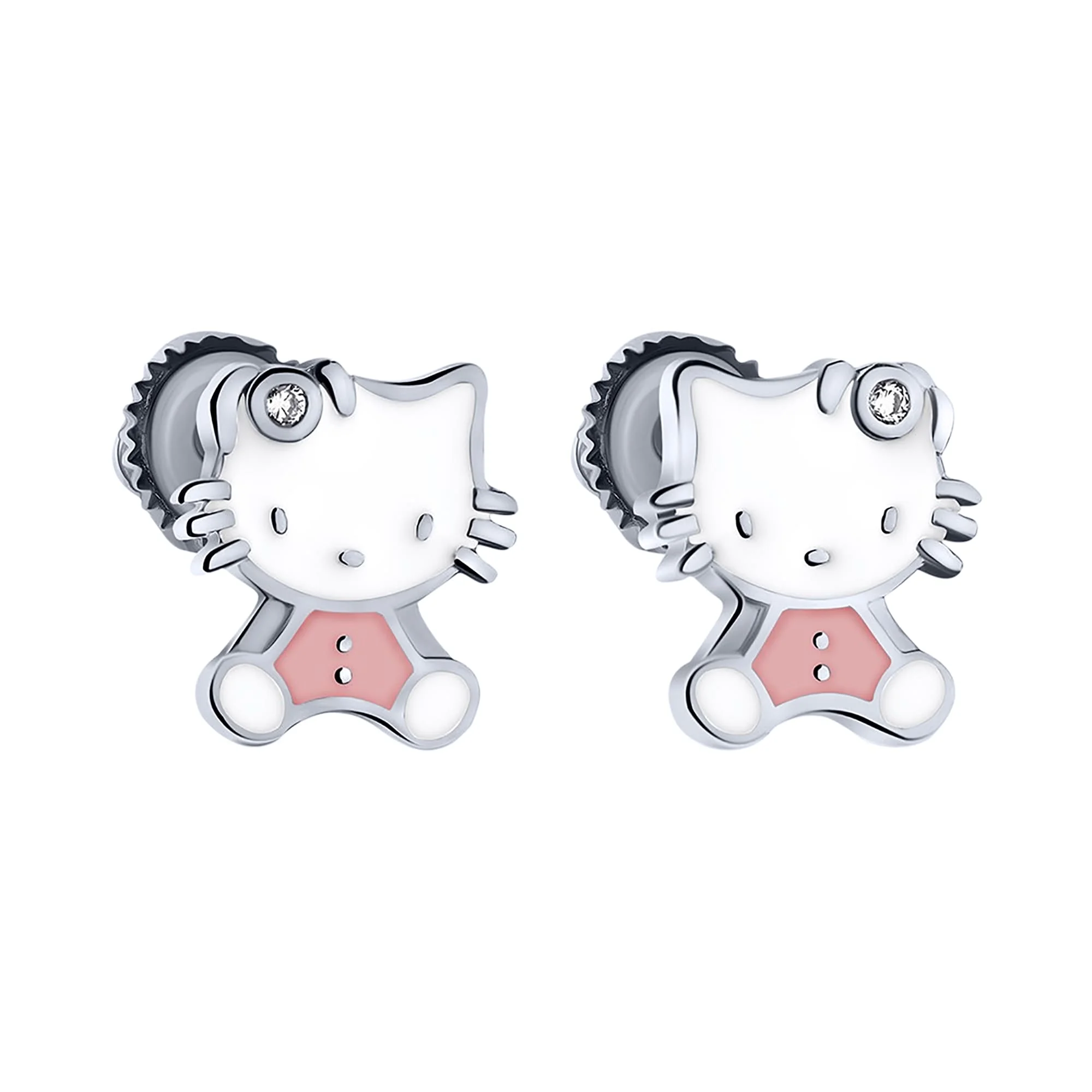 Стильные детские серебряные сережки-гвоздики "Hello Kitty" с эмалью и фианитами - 1983506 - 1