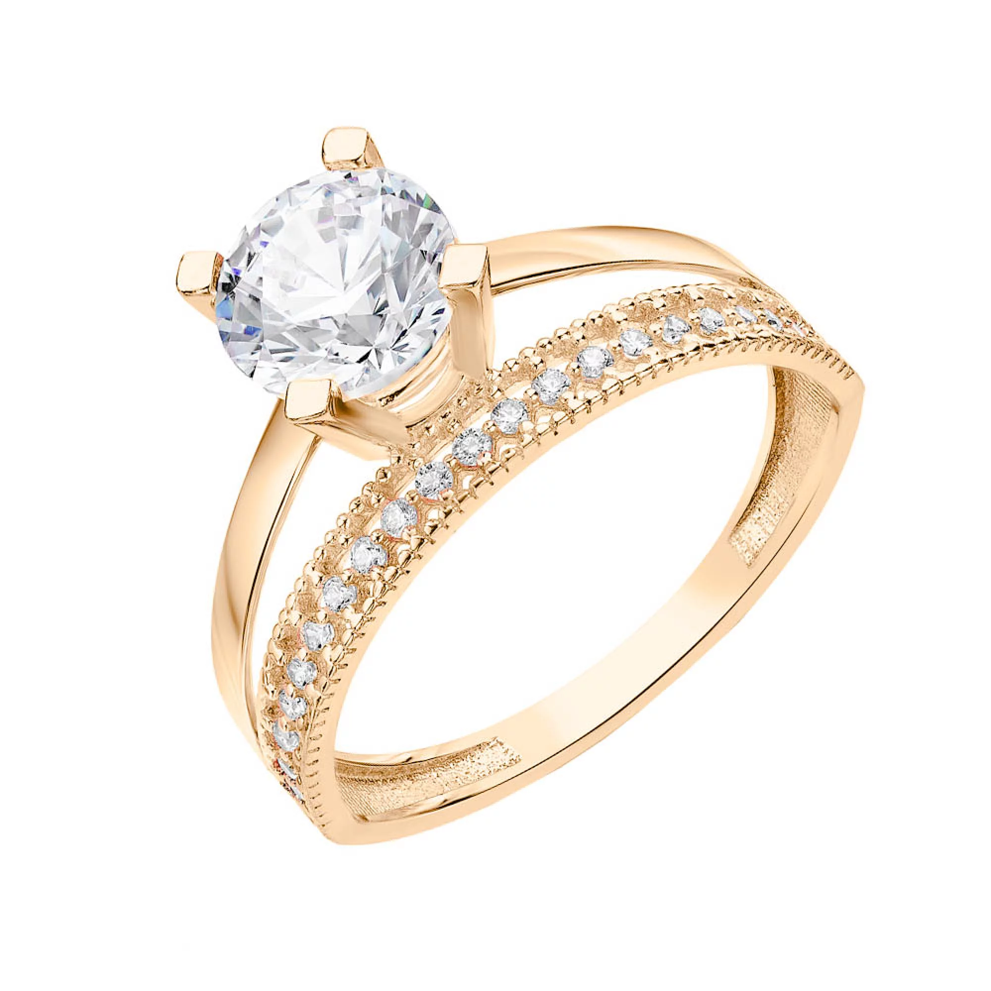 Золотое двойное помолвочное кольцо с дорожкой фианита - 1584791 – изображение 1