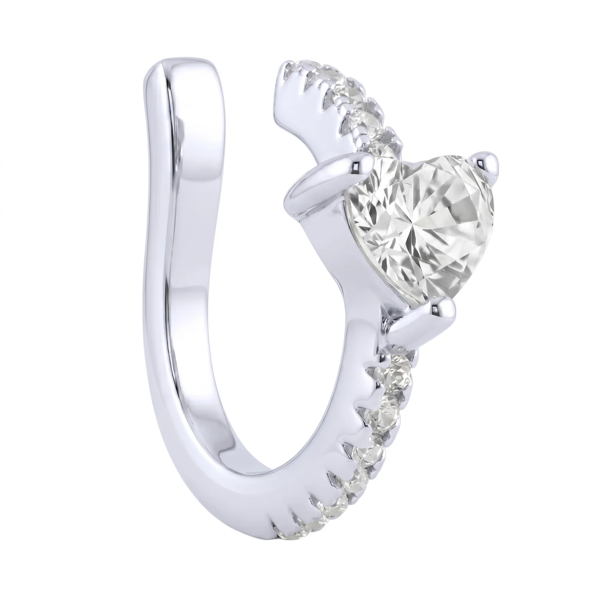 Серебряная моносережка-каффа "Сердце" с фианитами - 2250344 - 1