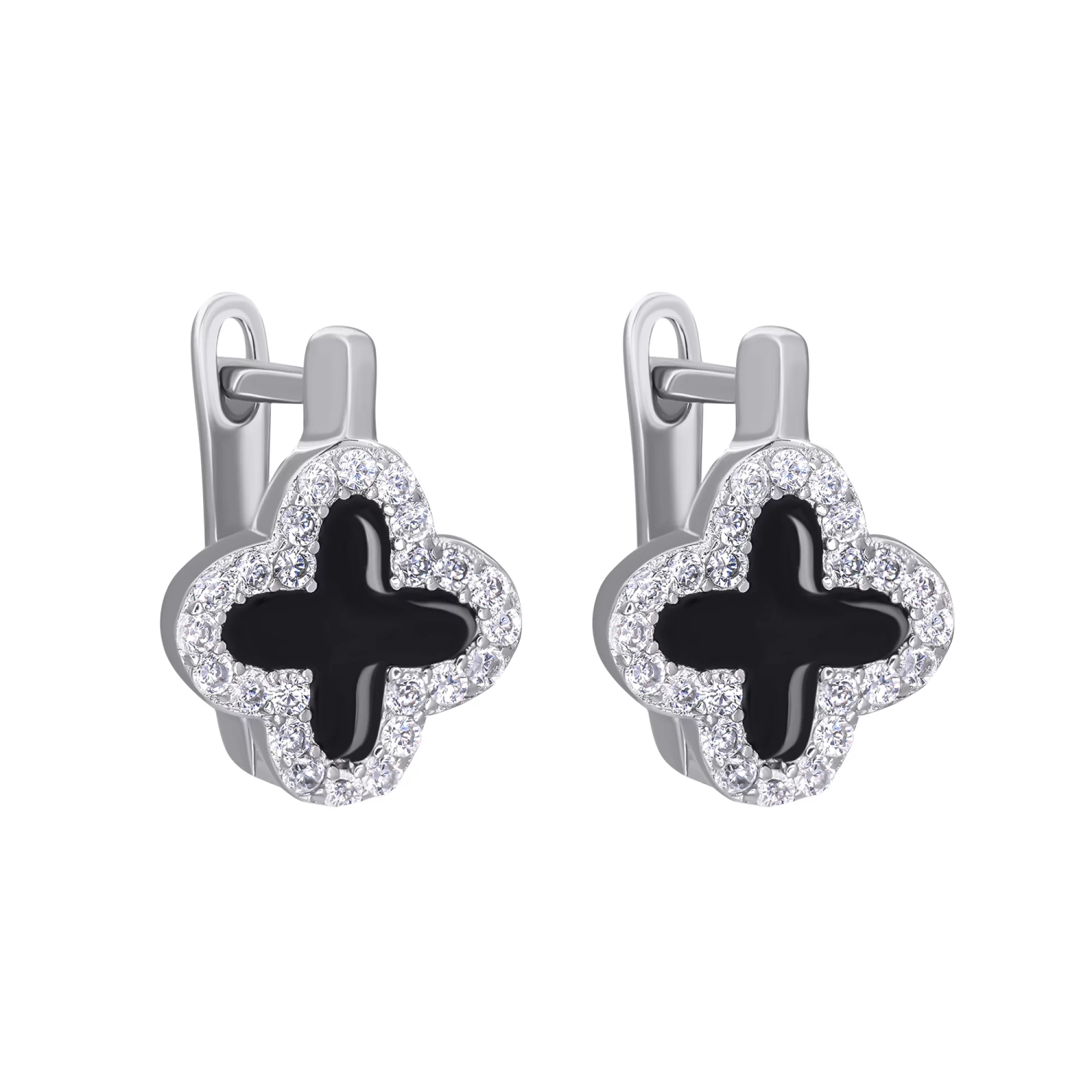 Сережки серебряные с эмалью и фианитами "Клевер" - 1483518 – изображение 1