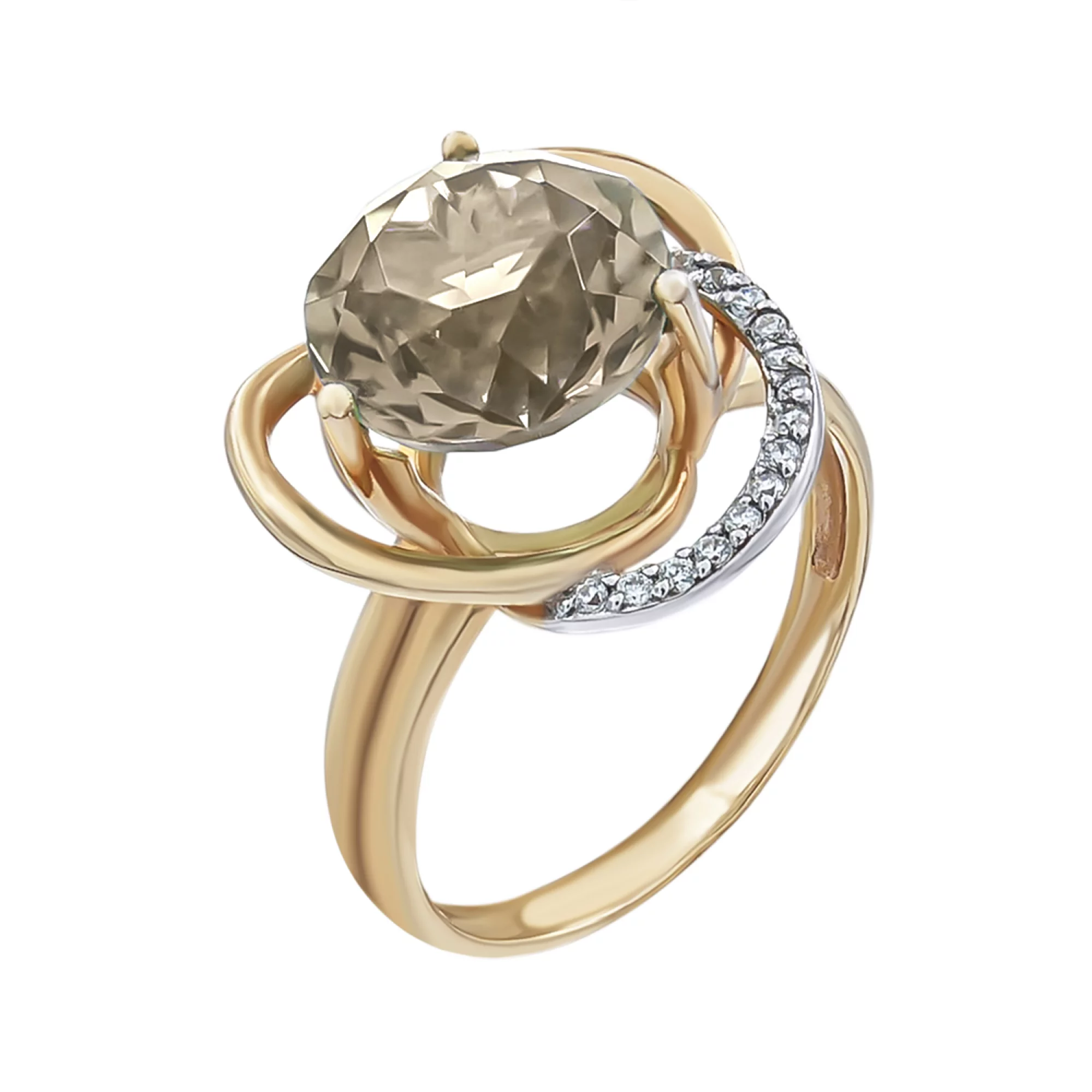 Золотое кольцо с дымчатым кварцем и фианитами - 538347 – изображение 1