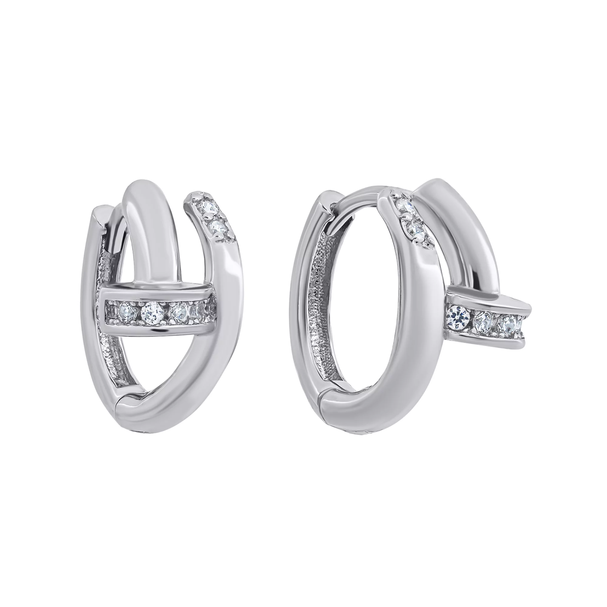 Сережки-кольца "Гвоздь" из серебра с фианитом - 1343427 – изображение 1