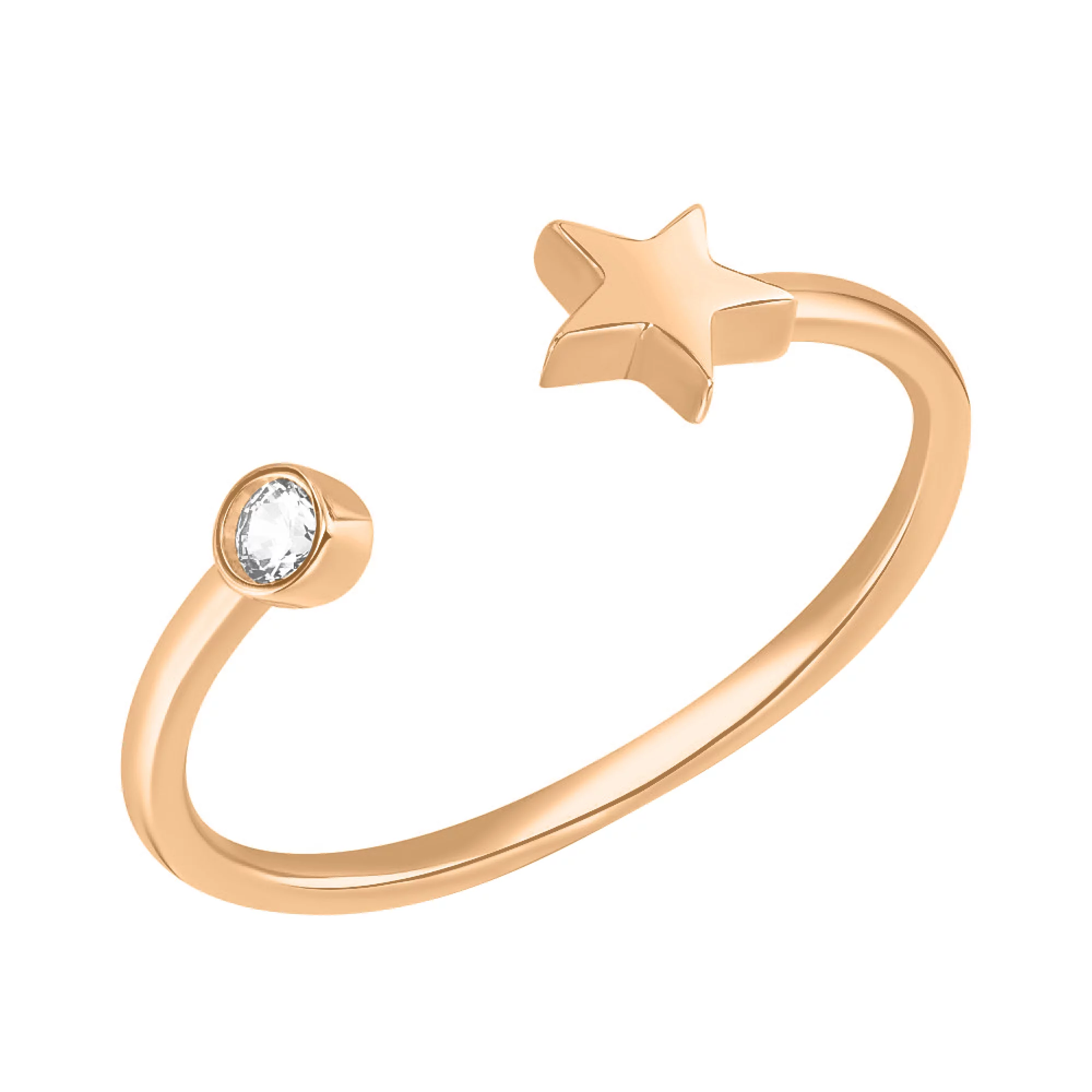 Золотое незамкнутое кольцо "Звездочка" с фианитом - 1521724 – изображение 1