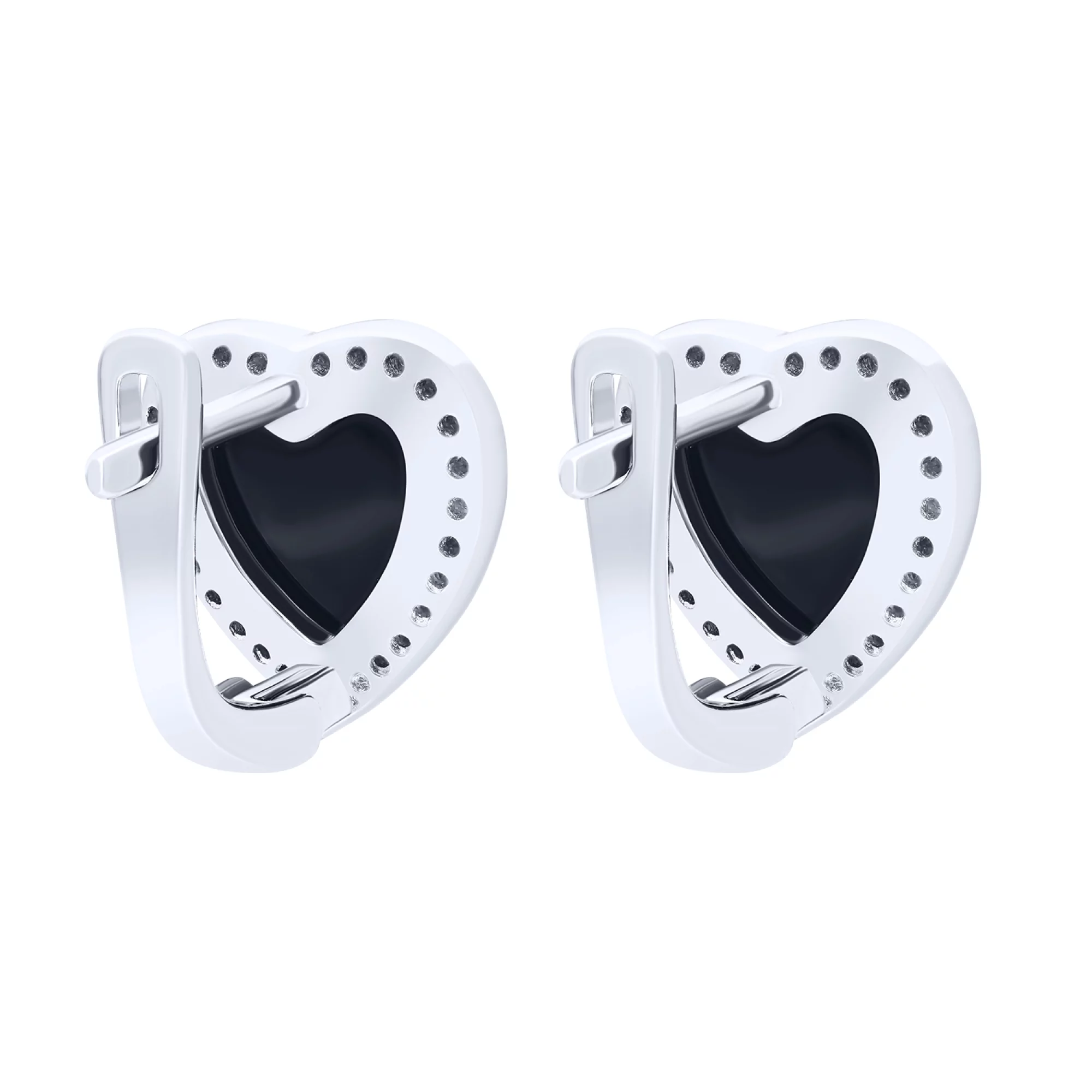 Серьги "Сердечко" серебряные с фианитом и ониксом - 1611993 – изображение 2