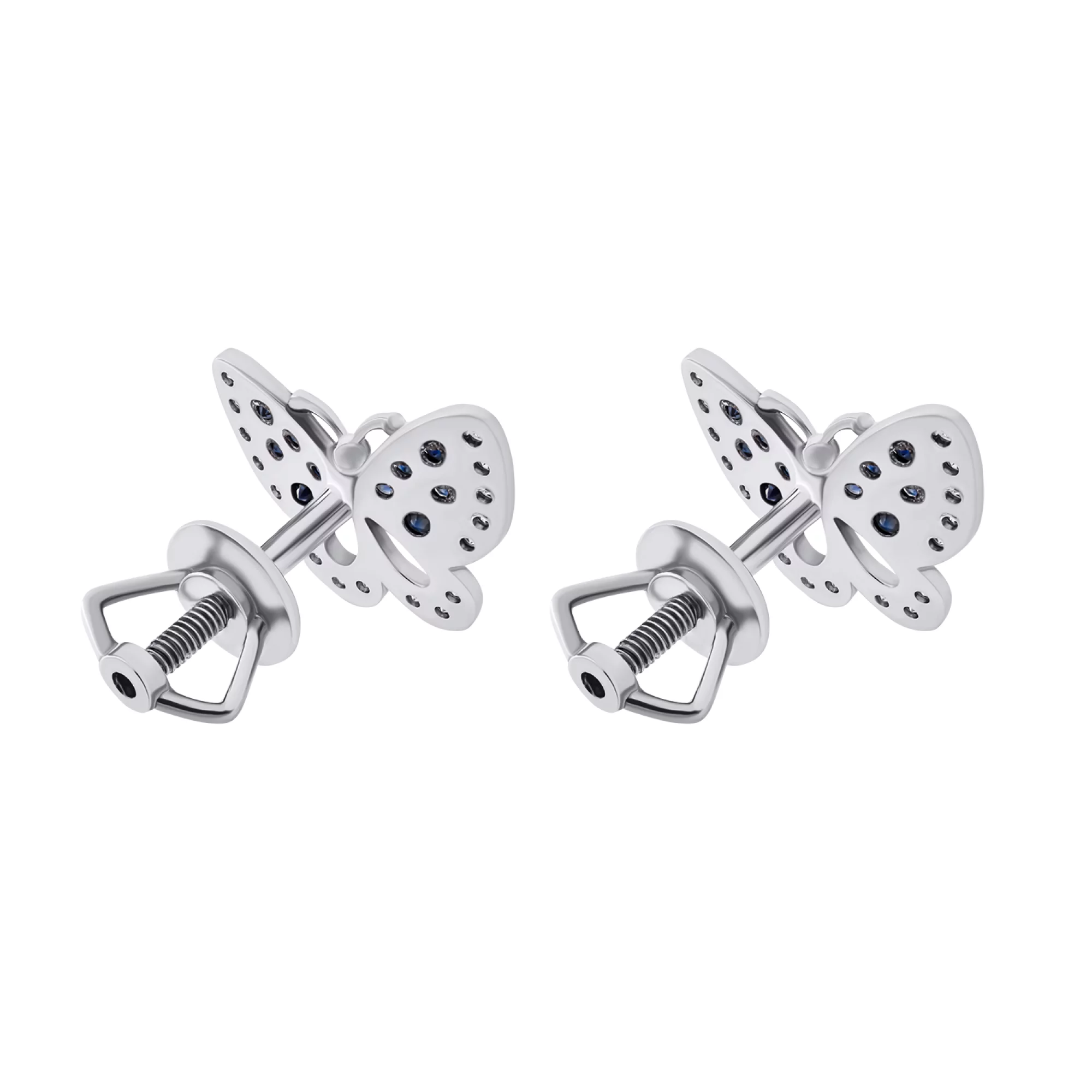 Сережки-гвоздики з білого золота з діамантом і сапфіром "Метелики" - 966334 – зображення 2