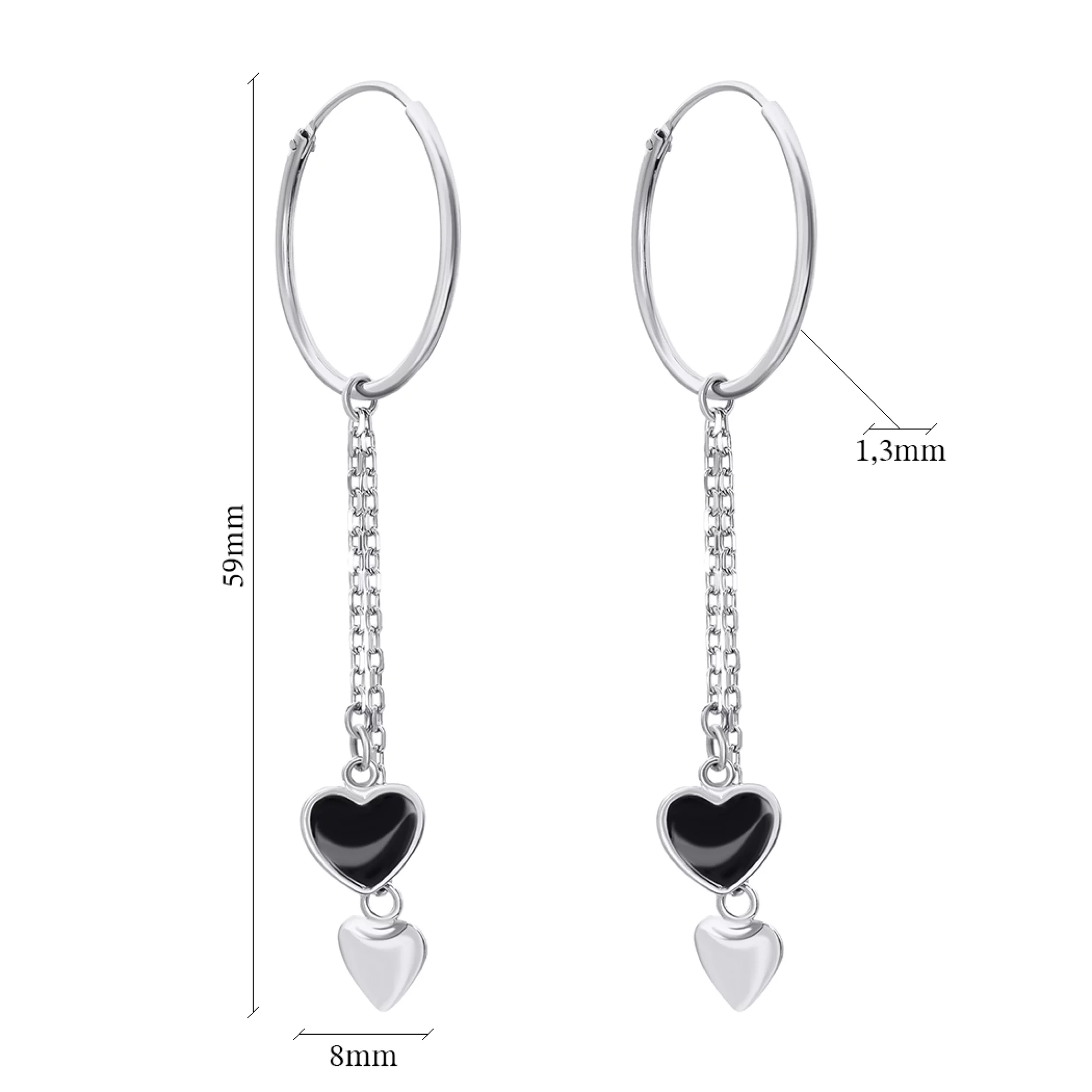 Сережки-кільця зі срібла з підвісками сердечка - 1506441 – зображення 2
