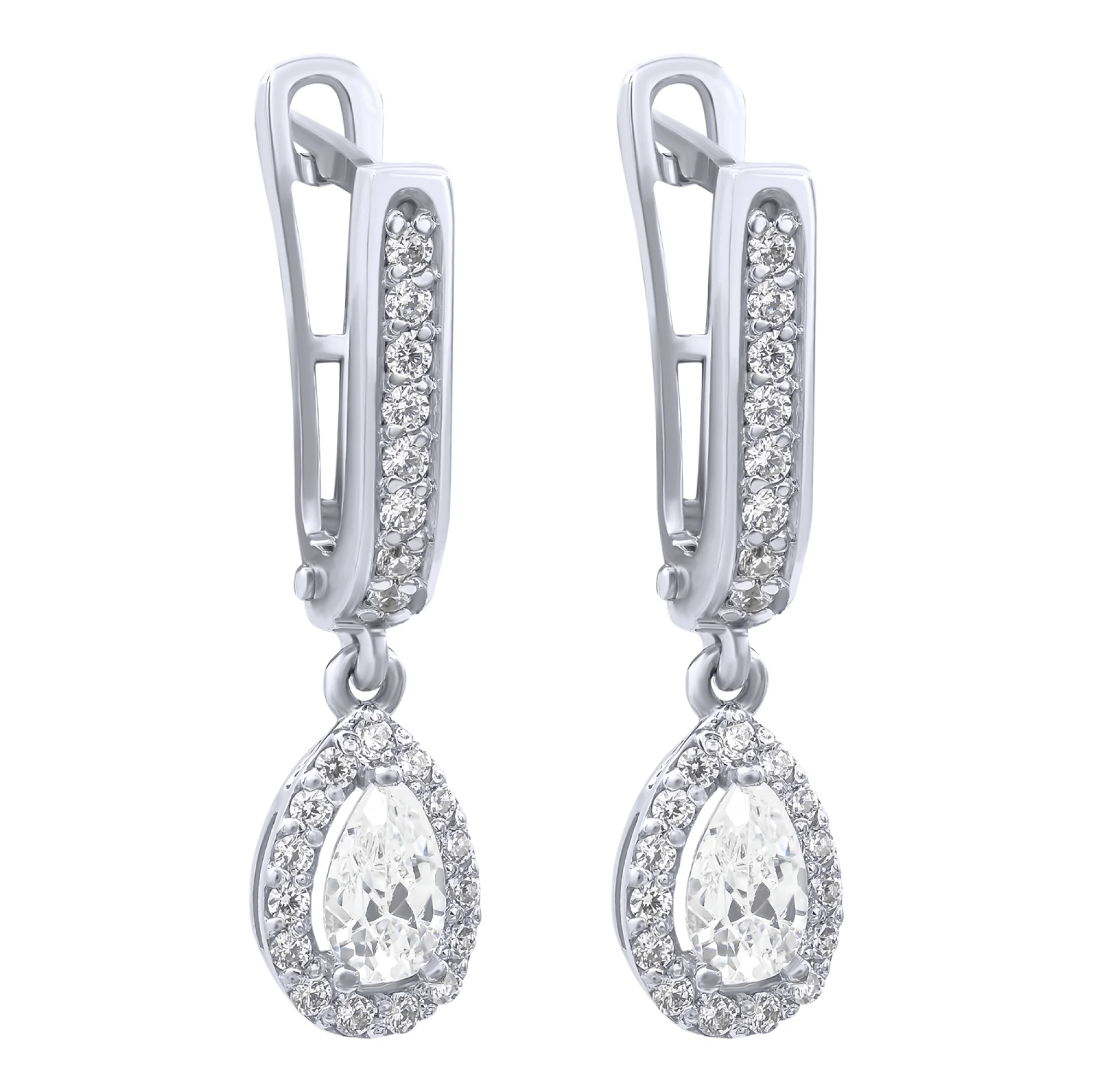 Сережки из белого золота с подвесом и фианитами - 855426 - 1
