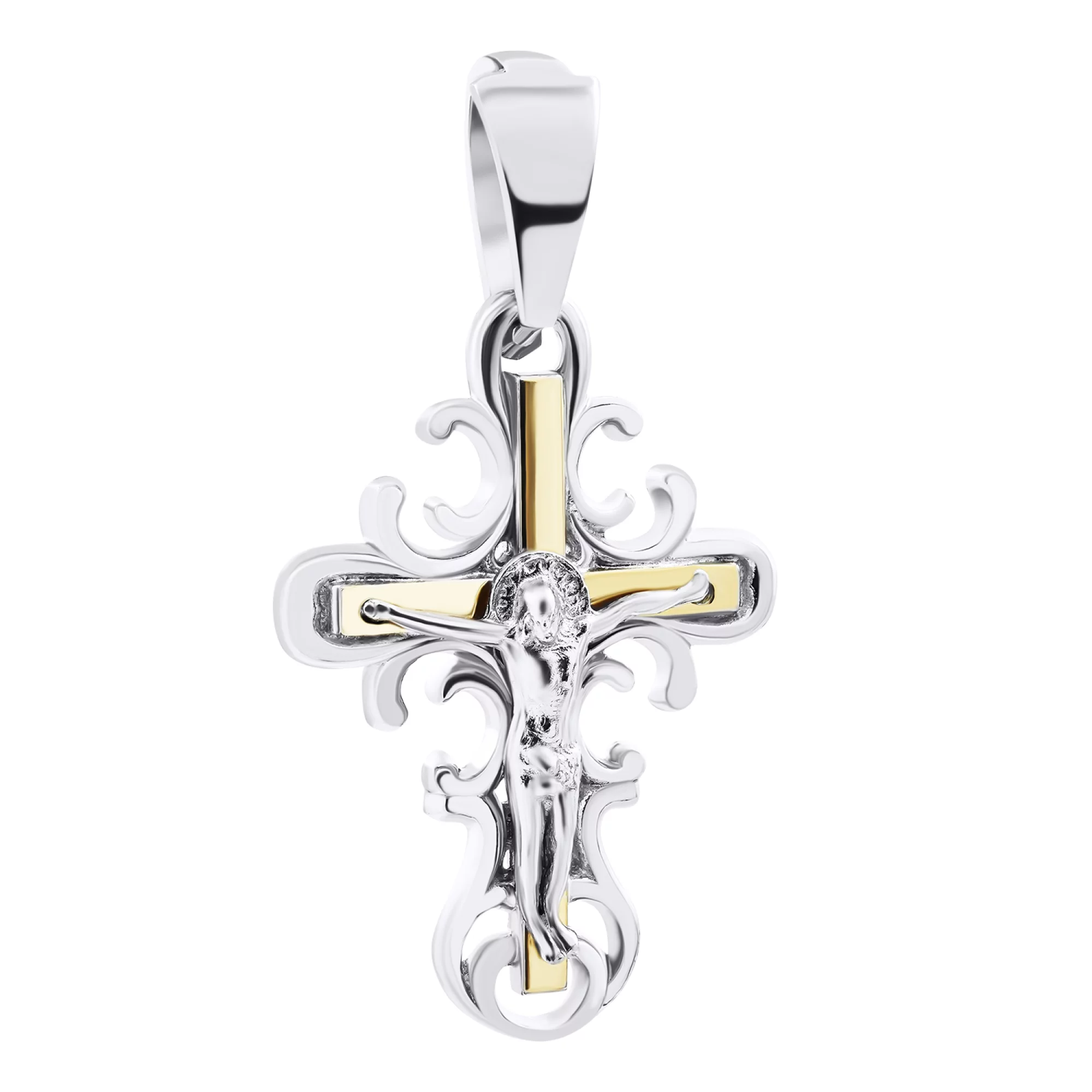 Хрестик зі срібла з позолотою і завитками - 1520350 – зображення 1
