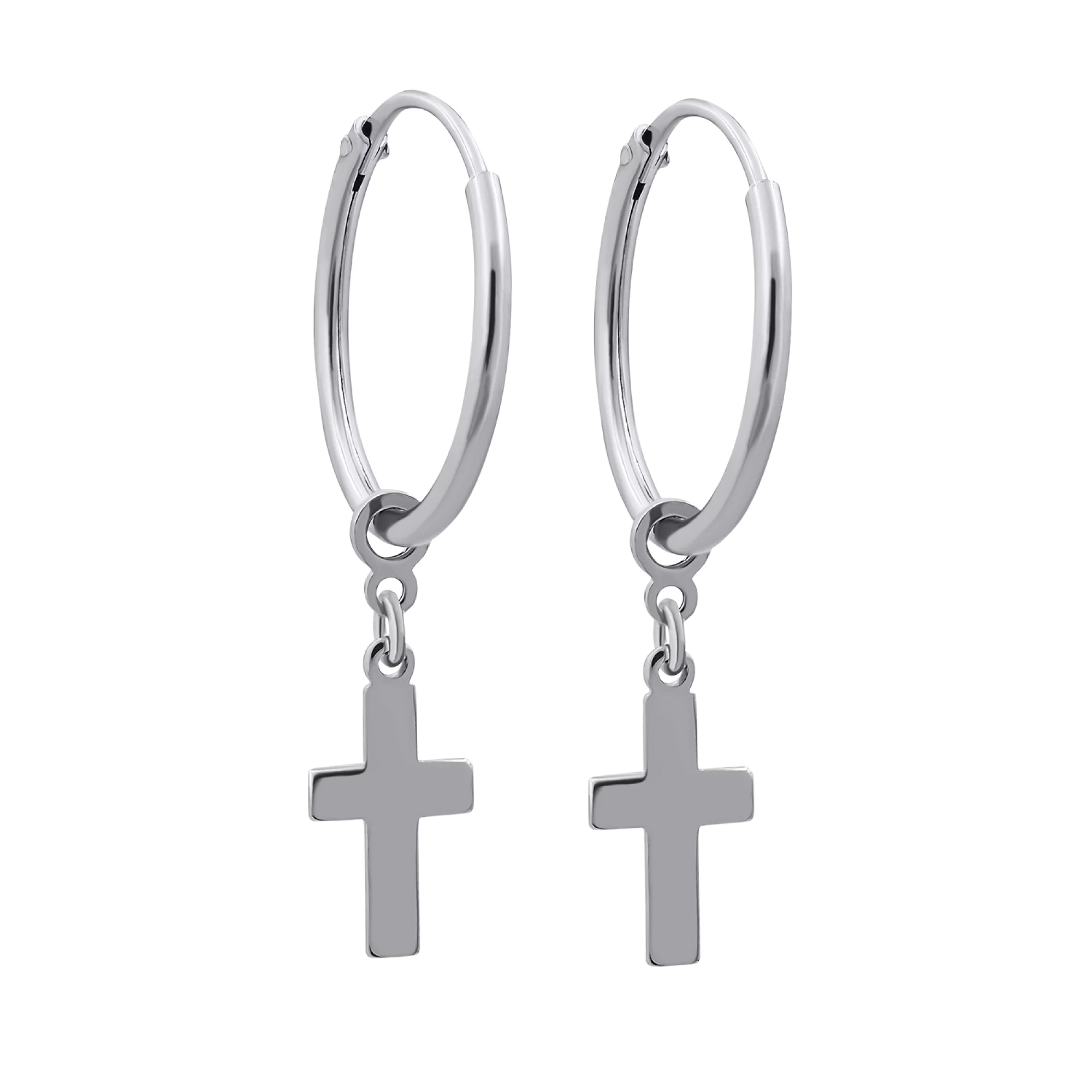 Сережки-кільця срібні з підвісними хрестиками - 1269063 – зображення 1