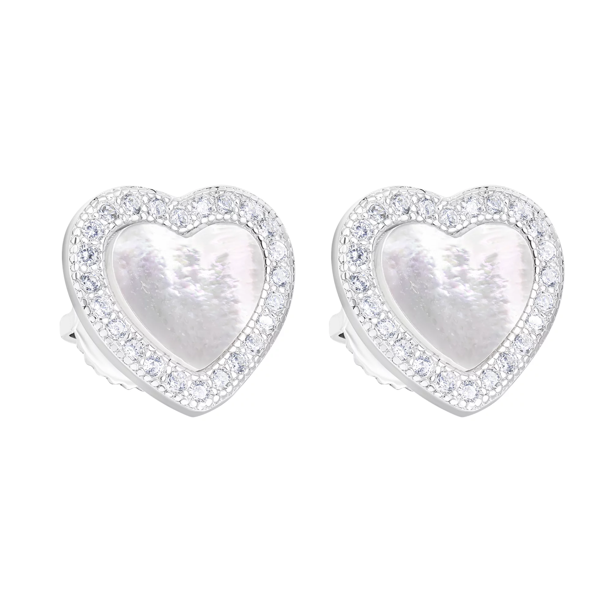 Срібні сережки-гвоздики з перламутром і фіанітами "Серце" - 1599273 – зображення 1