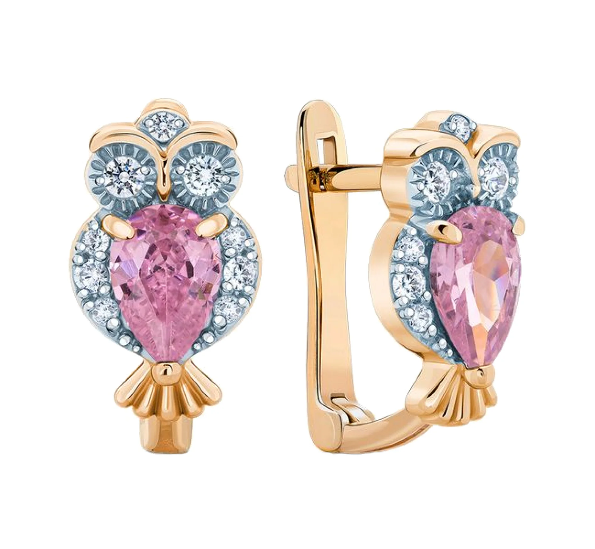 Серьги "Сова" с фианитами в красном золоте - 406696 - 1