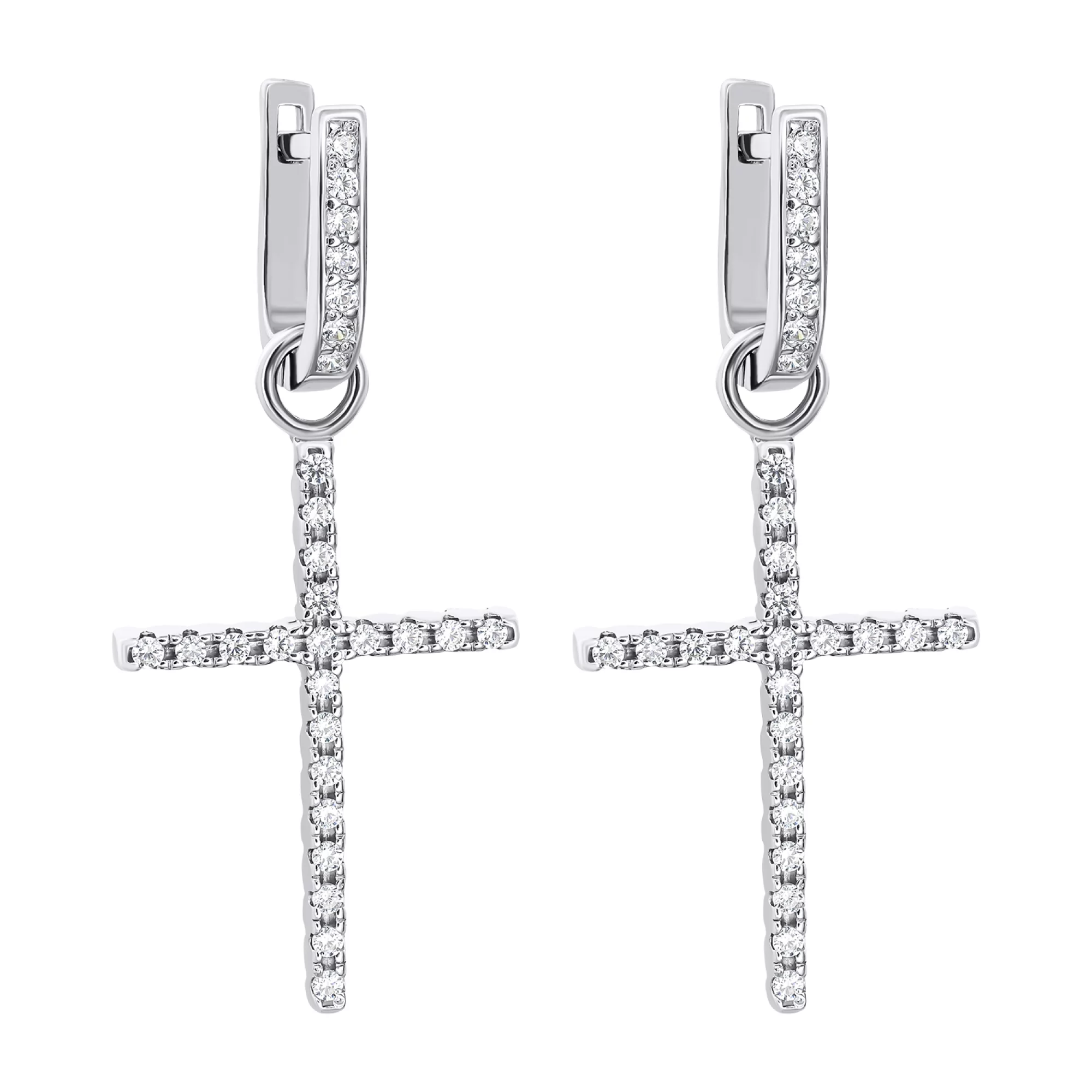 Срібні сережки з підвісками "Хрестики" з білими та чорними фіанітами - 1550075 – зображення 1