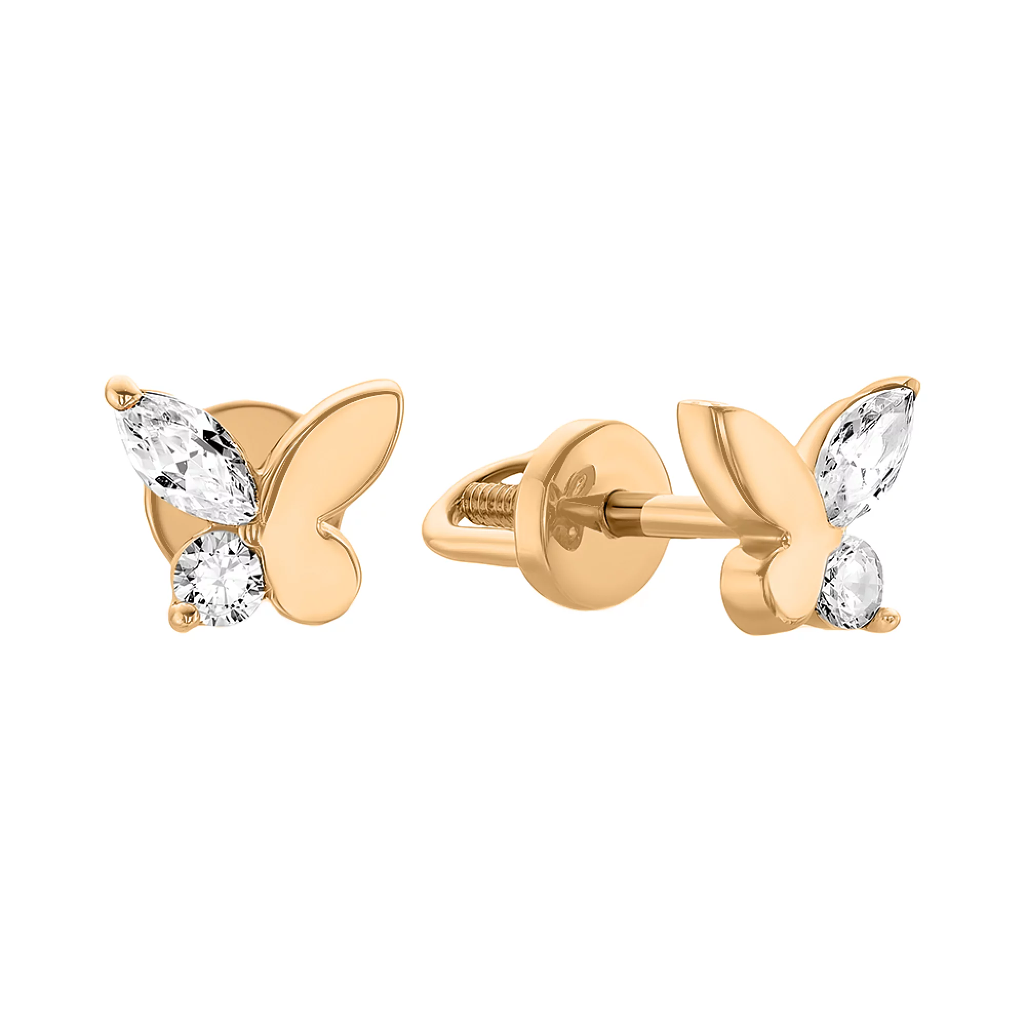 Серьги-гвоздики золотые "Бабочка" с фианитами - 1562564 – изображение 1