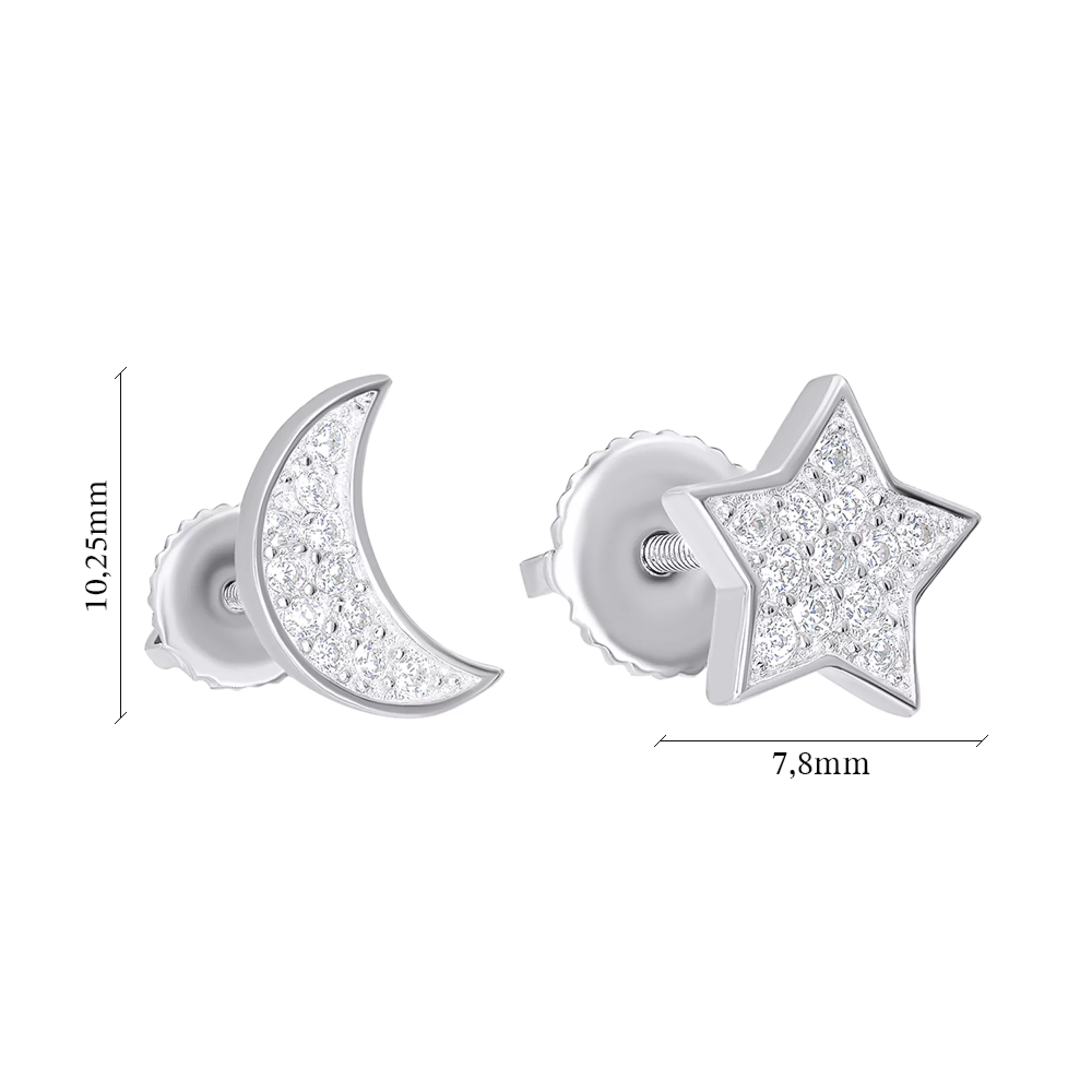 Сережки-гвоздики зі срібла з фіанітами "Місяць і Зірочка" - 1486354 – зображення 3