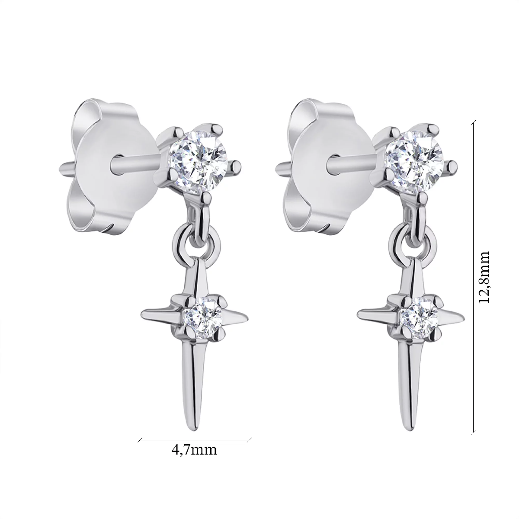 Срібні сережки-гвоздики з підвісами "Зірка" та фіанітом - 1300548 – зображення 2