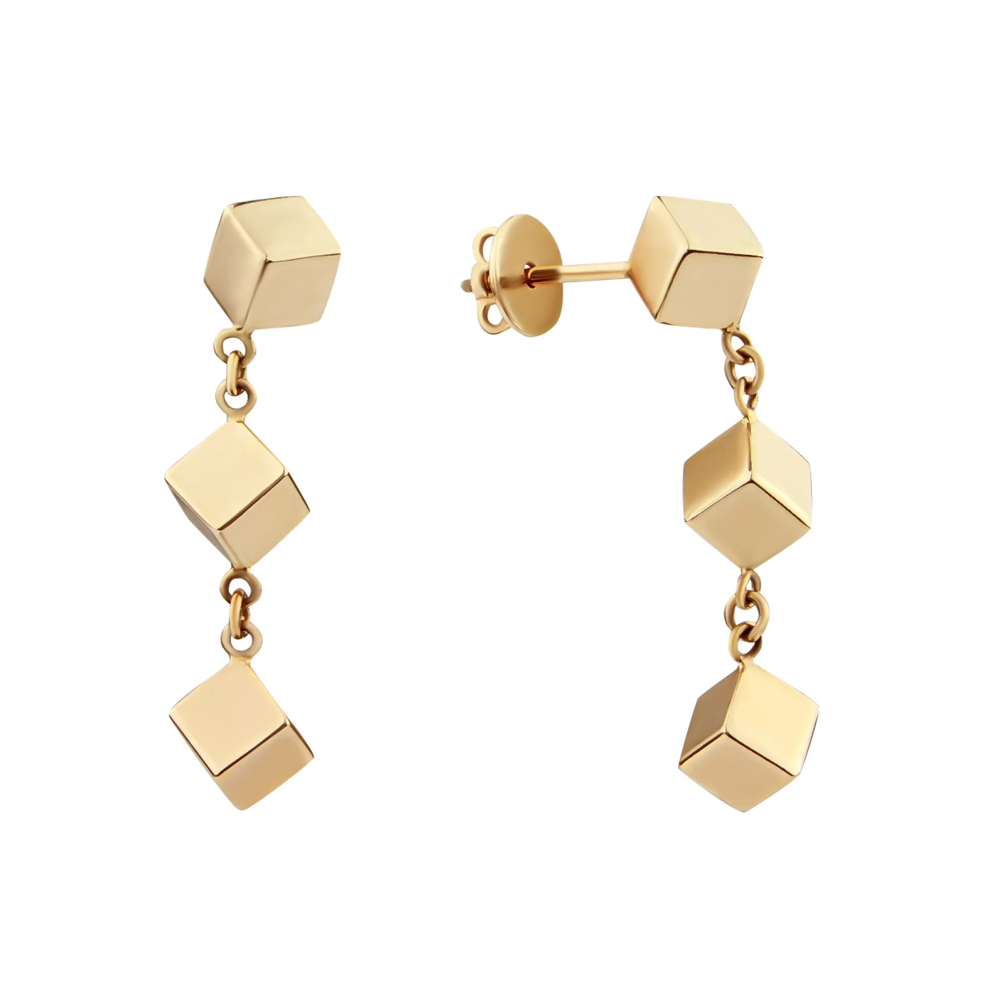 Золотые серьги-гвоздики с подвесами в форме кубиков - 406330 – изображение 1