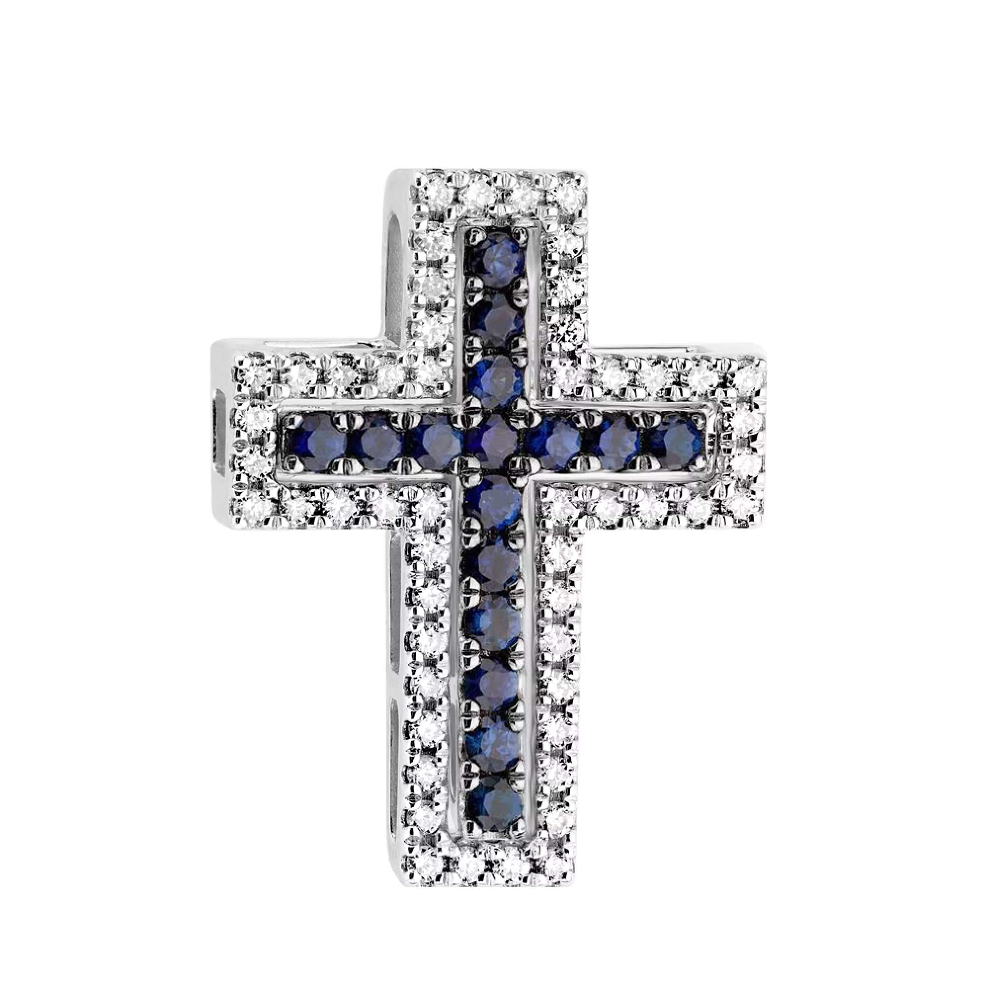 Золотий подвійний хрестик з діамантами та сапфірами - 1629853 – зображення 1