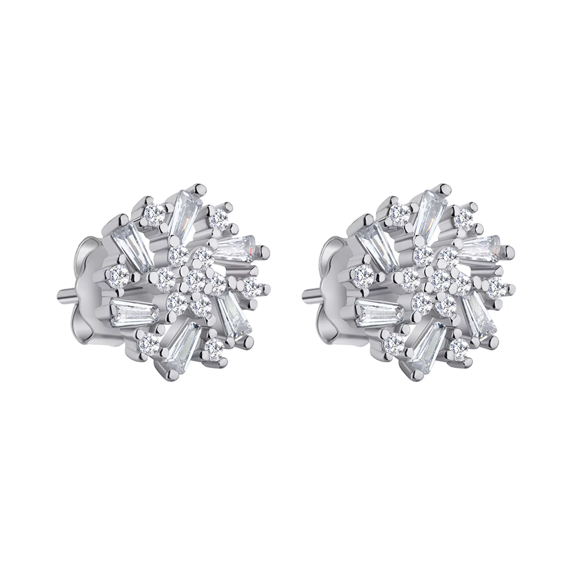 Серьги-гвоздики из серебра цветок с фианитом - 1300534 – изображение 1