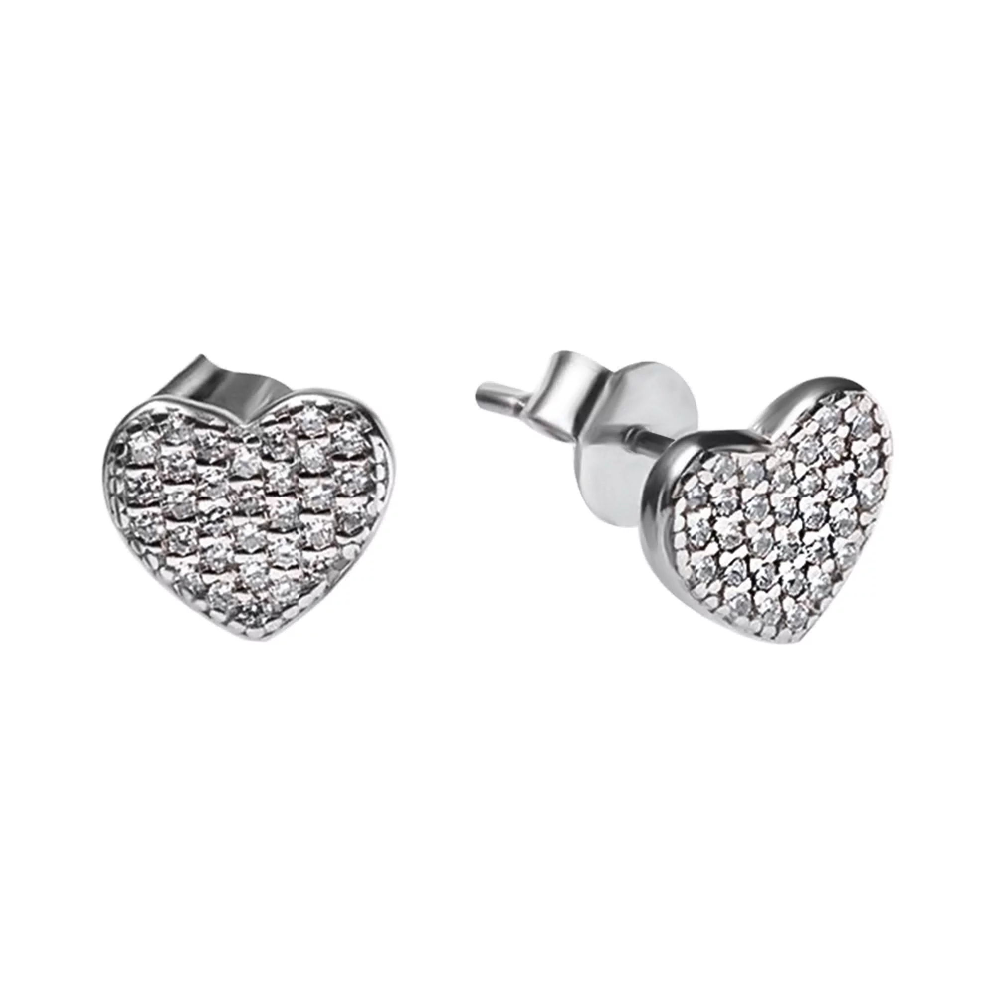 Серебряные серьги-гвоздики "Сердце" с фианитами - 1508021 – изображение 1